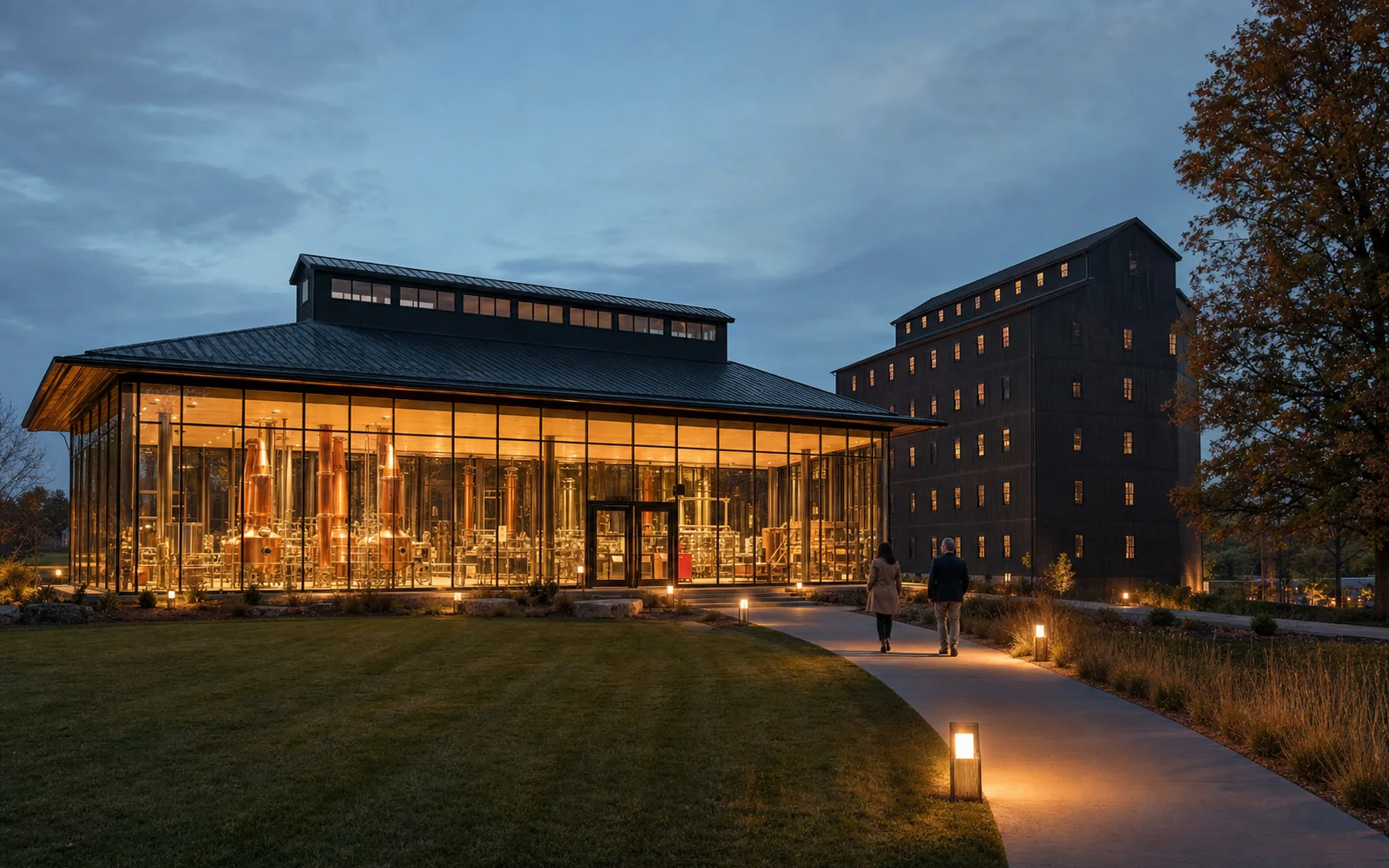 A modern distillery with floor-to-ceiling glass walls glowing at dusk beside a long lawn and a dark rickhouse, AI-generated illustration