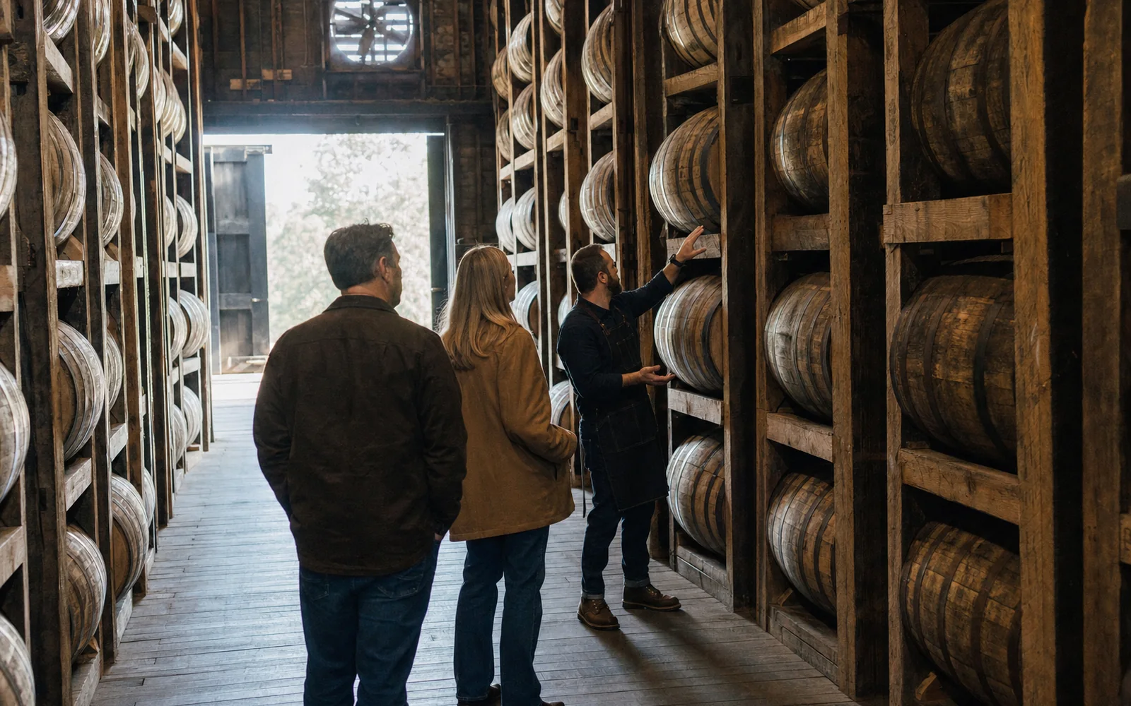 A small group of three adults listening to a guide beside tall stacked barrels in a rickhouse aisle, soft light from an open door, AI-generated illustration