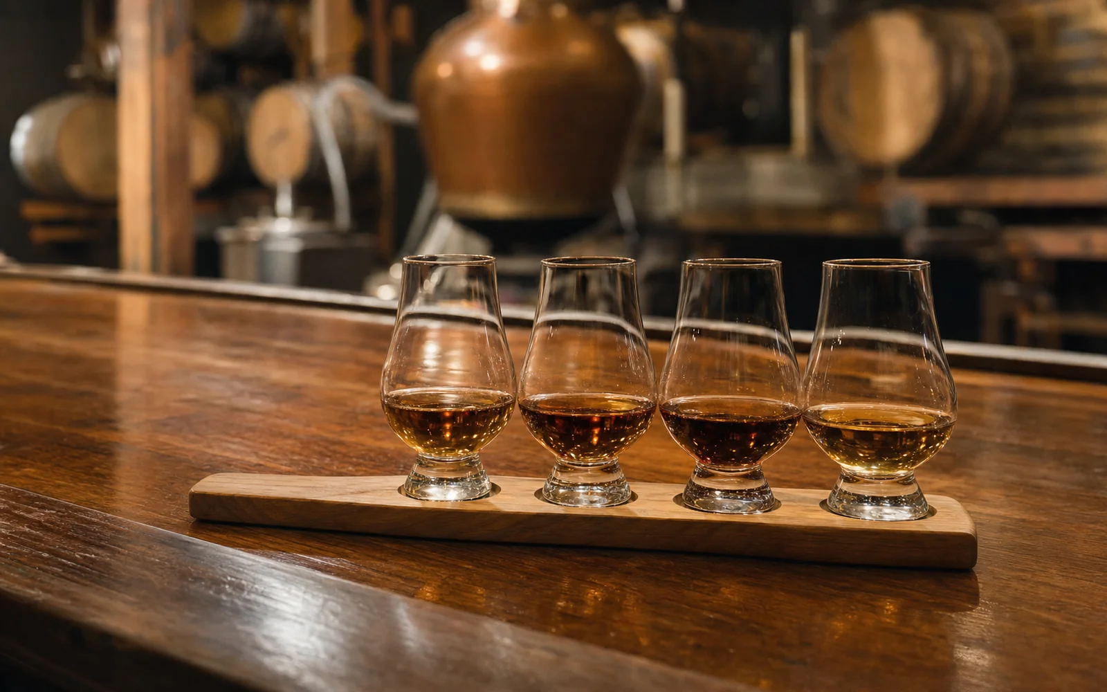A tasting flight of four bourbons in small glasses on a wooden bar, a small copper still softly blurred behind, AI-generated illustration
