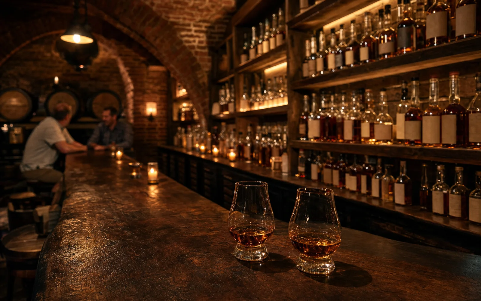 Candlelit bar under brick arches with a long back wall of whiskey bottles and two glasses of bourbon on the counter, AI-generated illustration