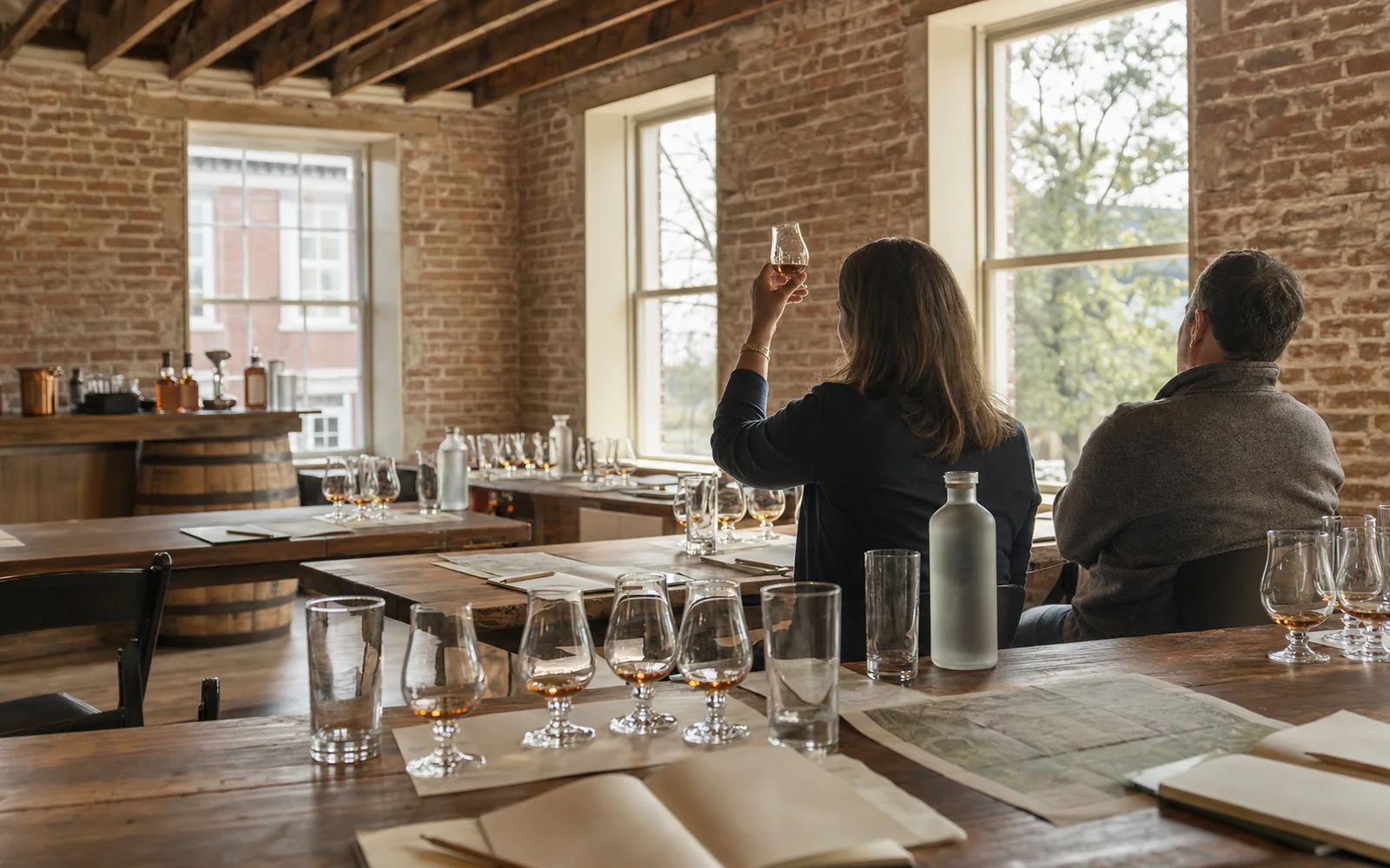 Bright attic classroom with tasting glasses, notebooks and a map laid out on long wooden tables under exposed beams, AI-generated illustration