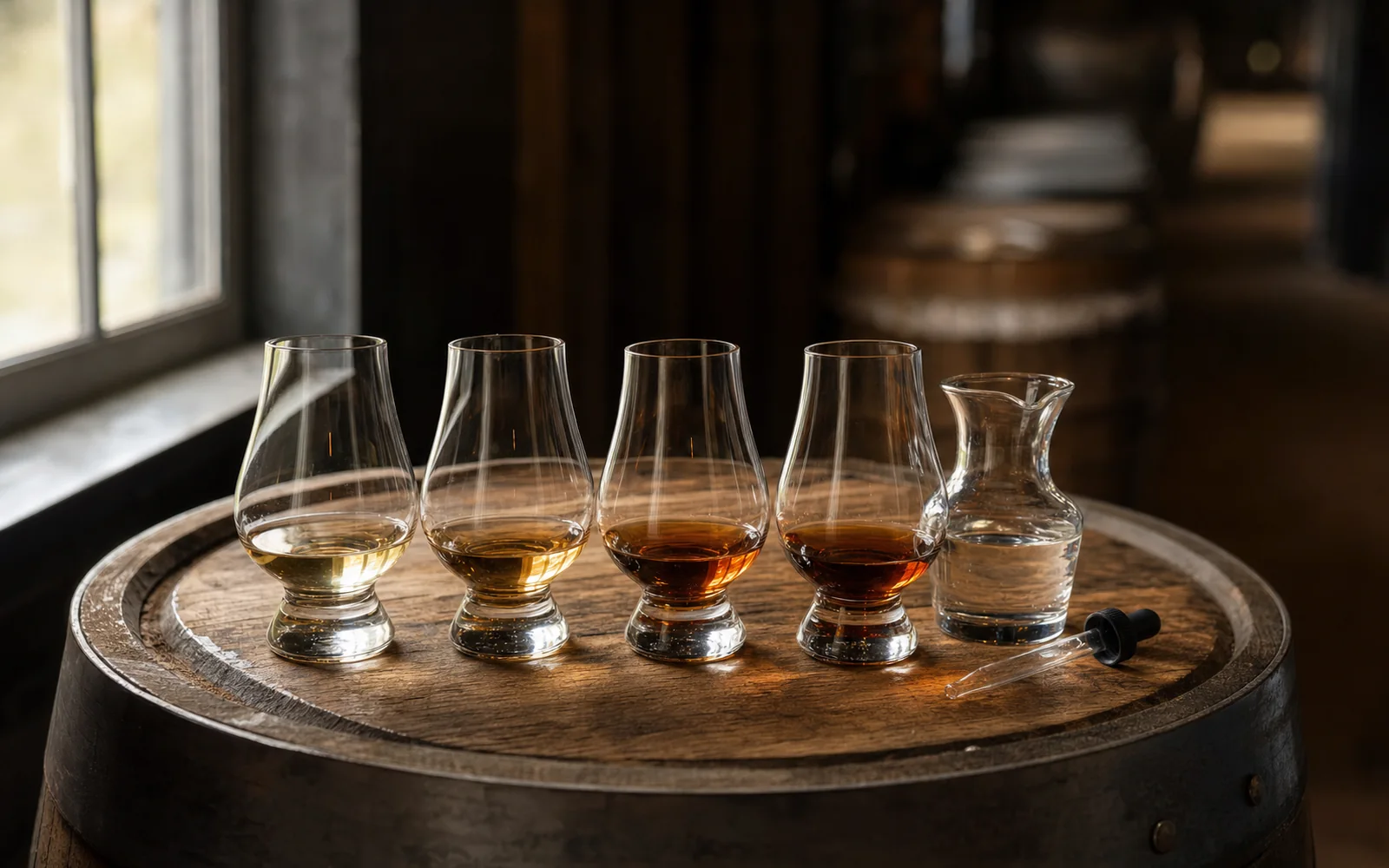 Four tulip-shaped tasting glasses of bourbon in graduated amber shades lined up on a wooden barrel head, AI-generated illustration