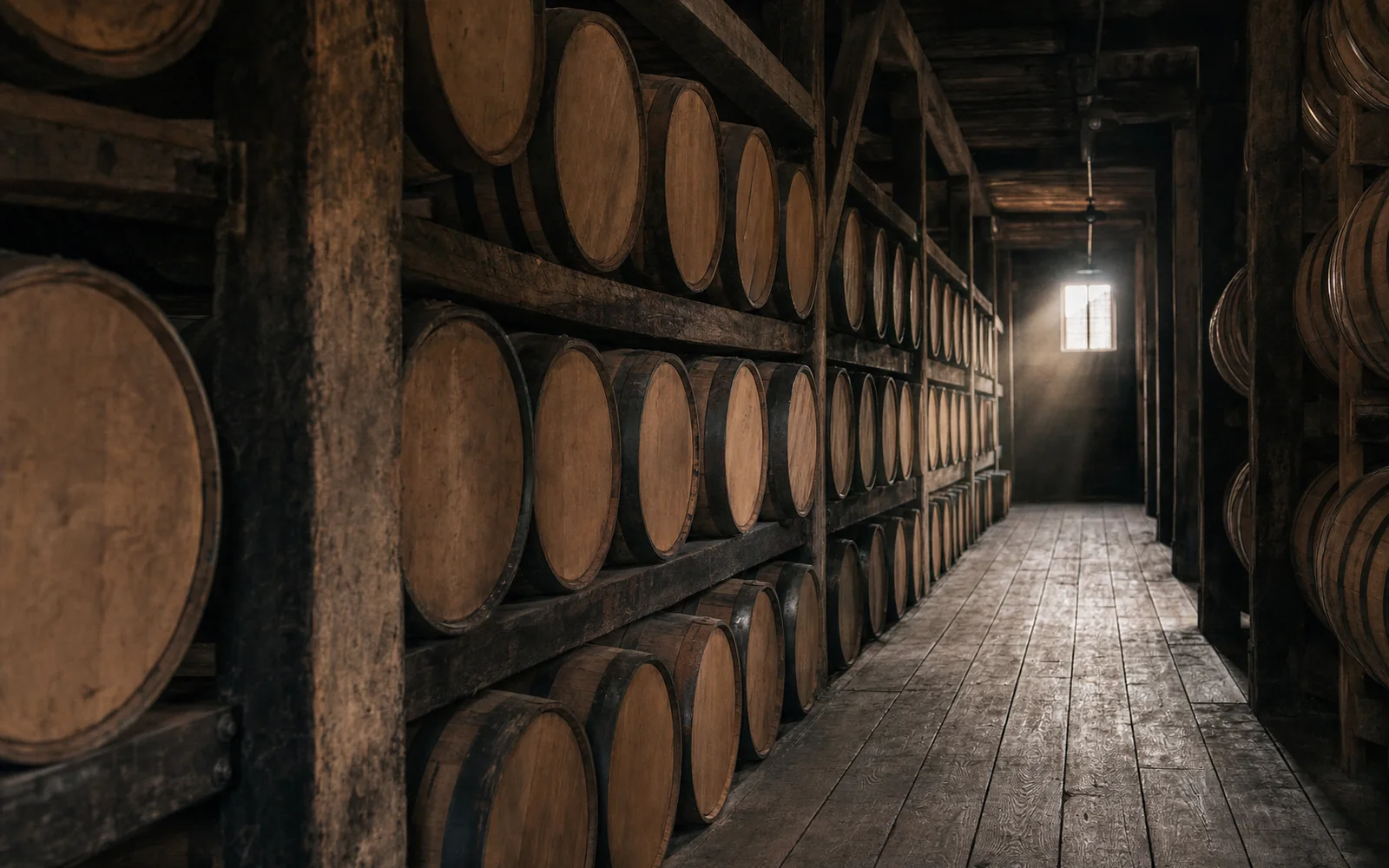Rows of whiskey barrels stacked on wooden ricks inside a dim warehouse, light slanting through a small window, AI-generated illustration