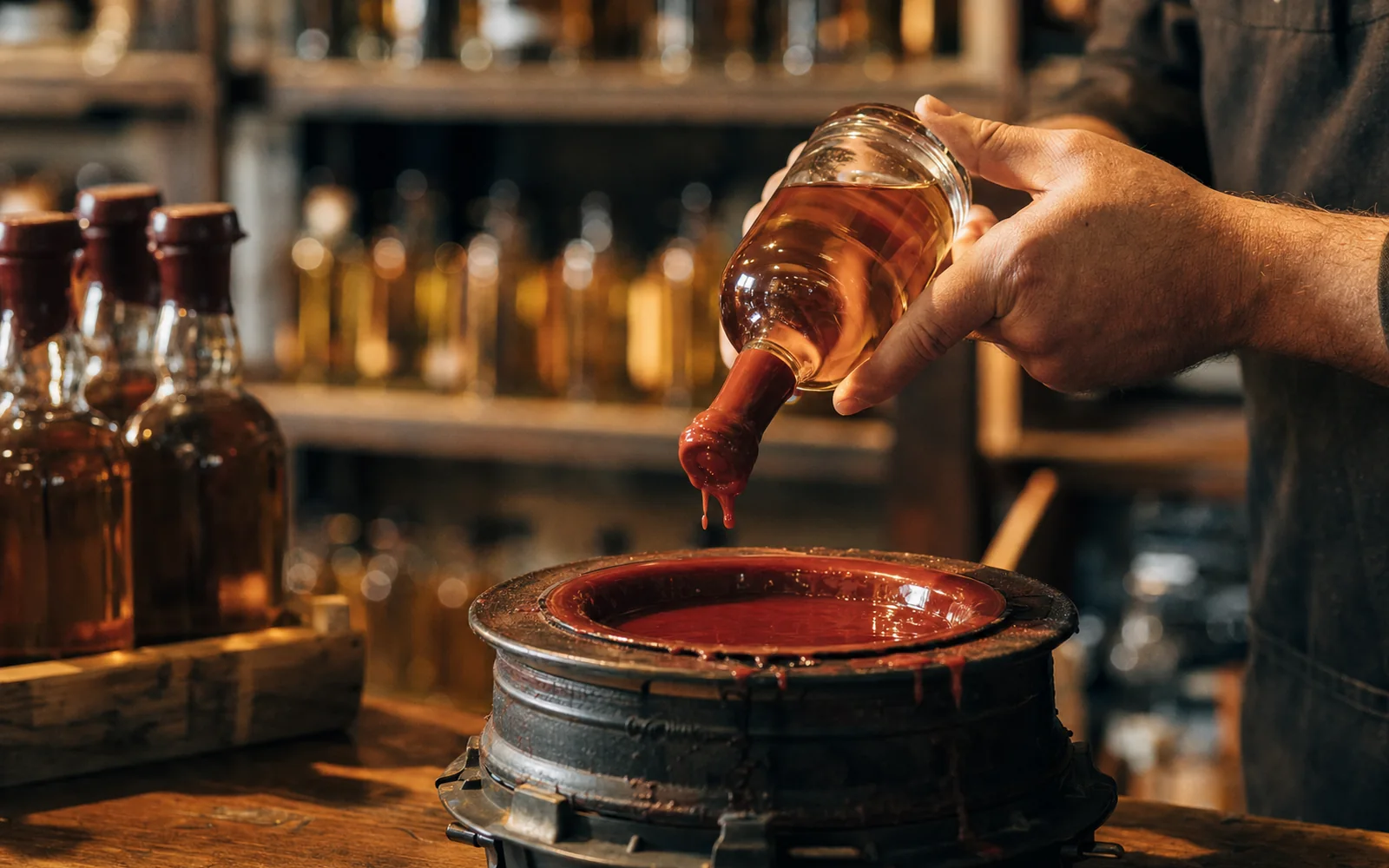 Hands dipping the neck of a whiskey bottle into a pot of melted red wax at a wooden counter, AI-generated illustration