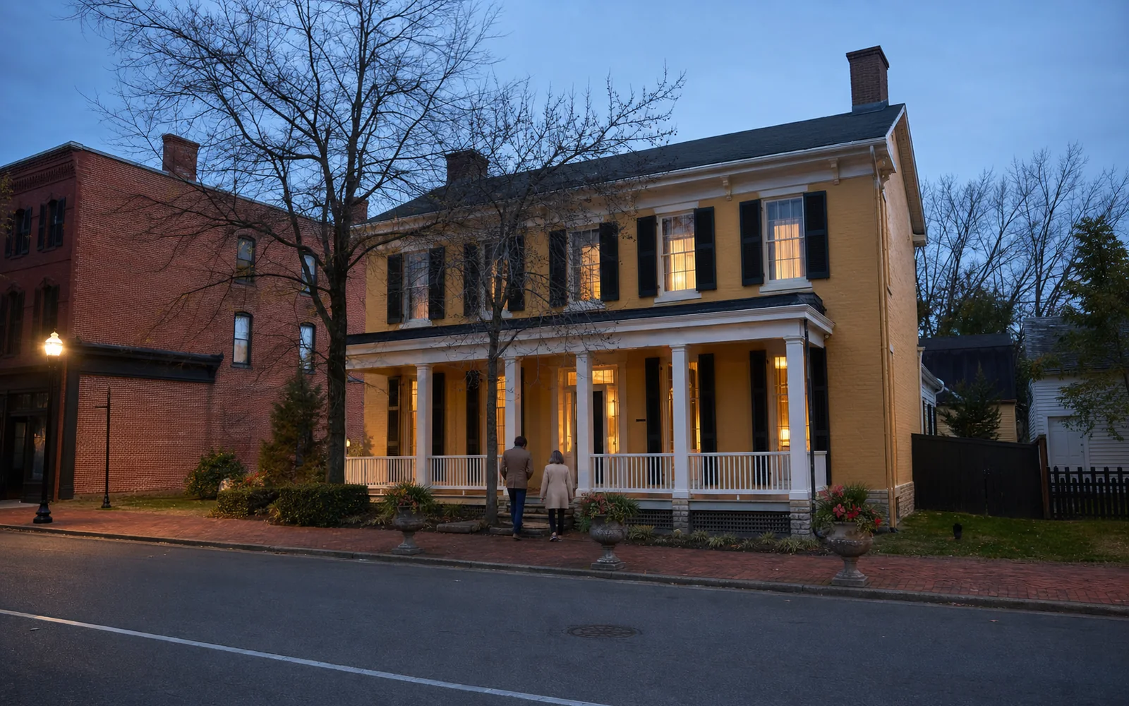 A large yellow nineteenth-century house on a small-town corner at dusk, warm light in the windows, AI-generated illustration