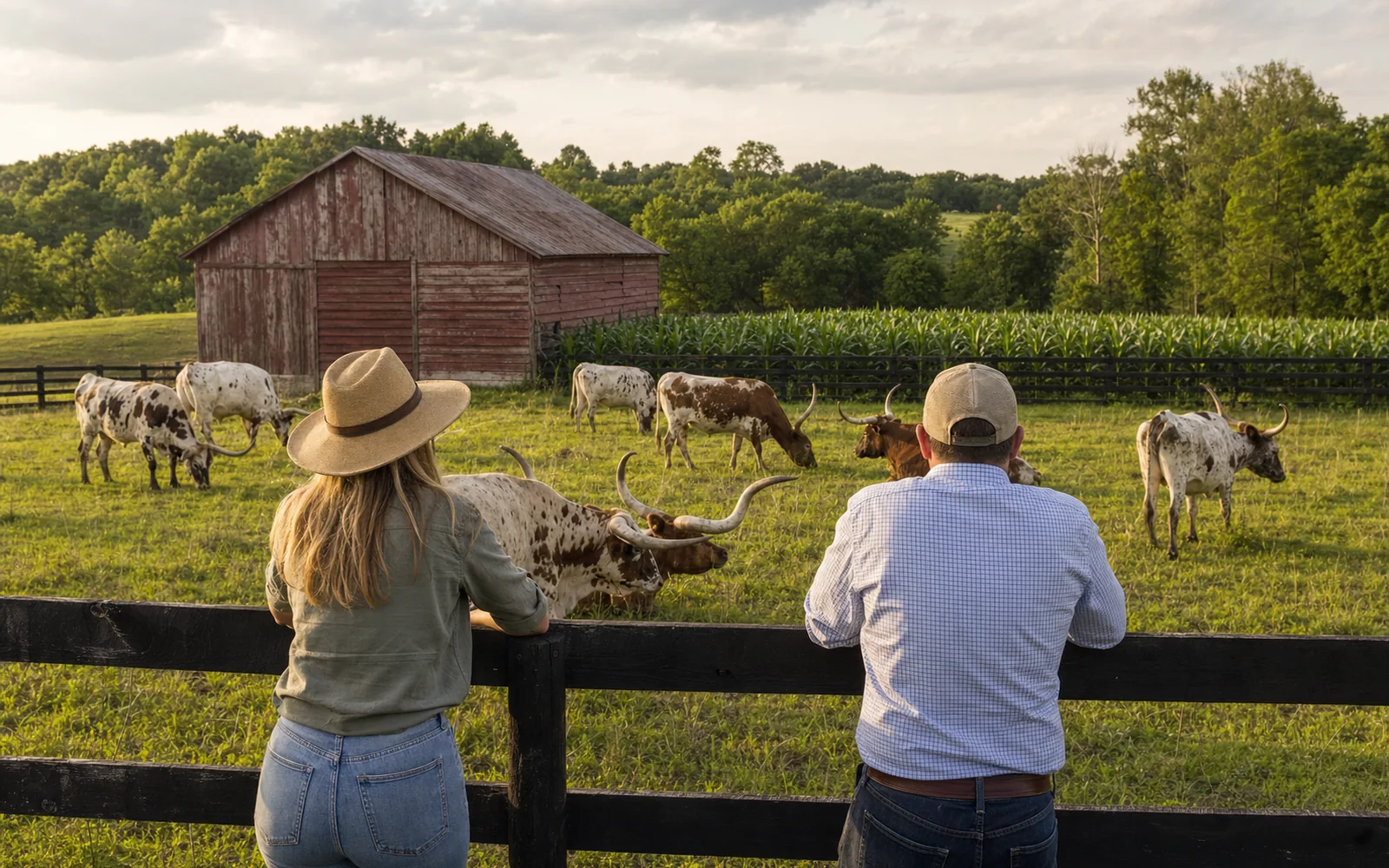 Longhorn cattle grazing in a green pasture beside a weathered red tobacco barn on a Kentucky distillery farm, AI-generated illustration