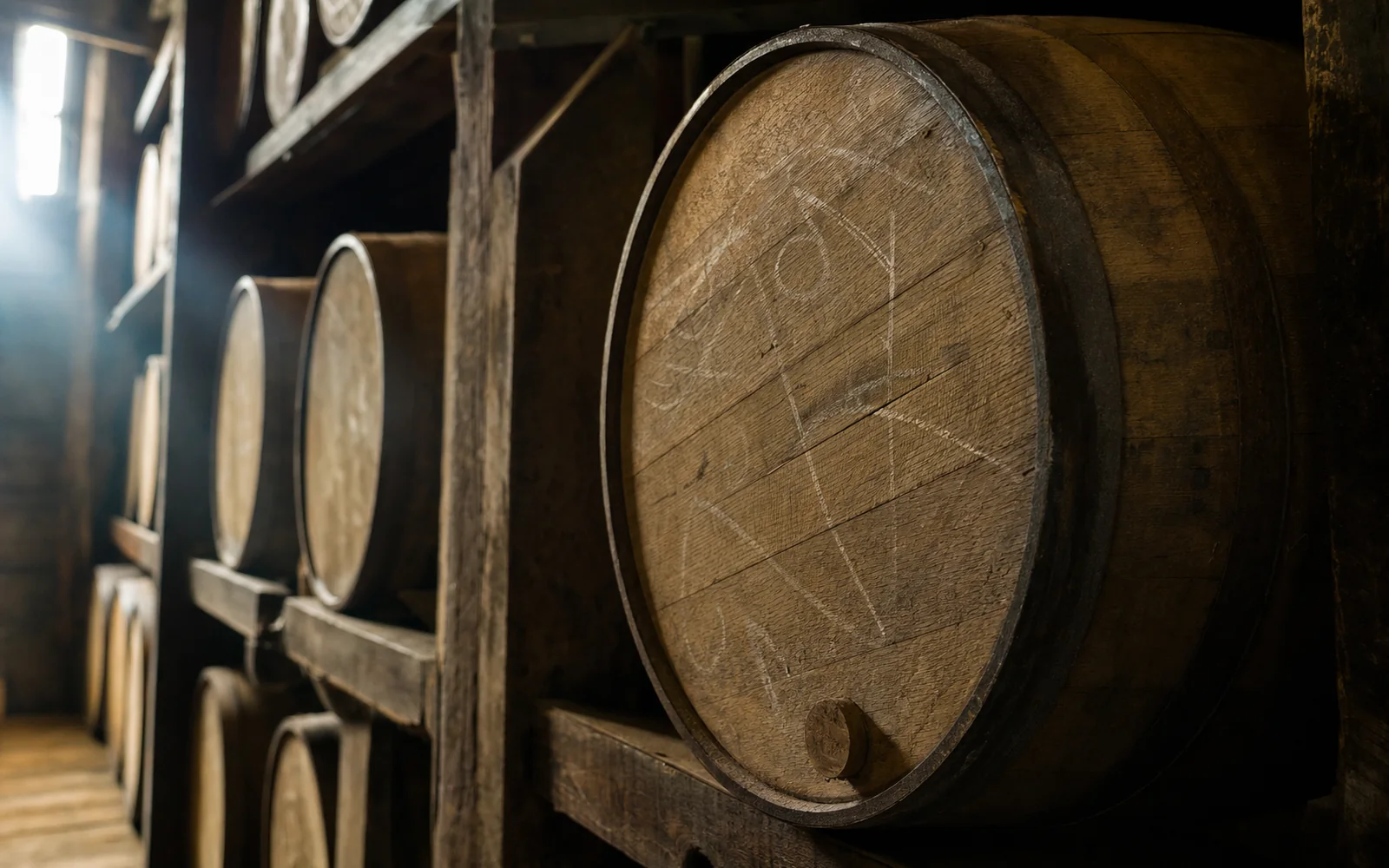 Charred oak barrel heads stacked in rows inside a dim rickhouse, one barrel head in sharp focus, AI-generated illustration