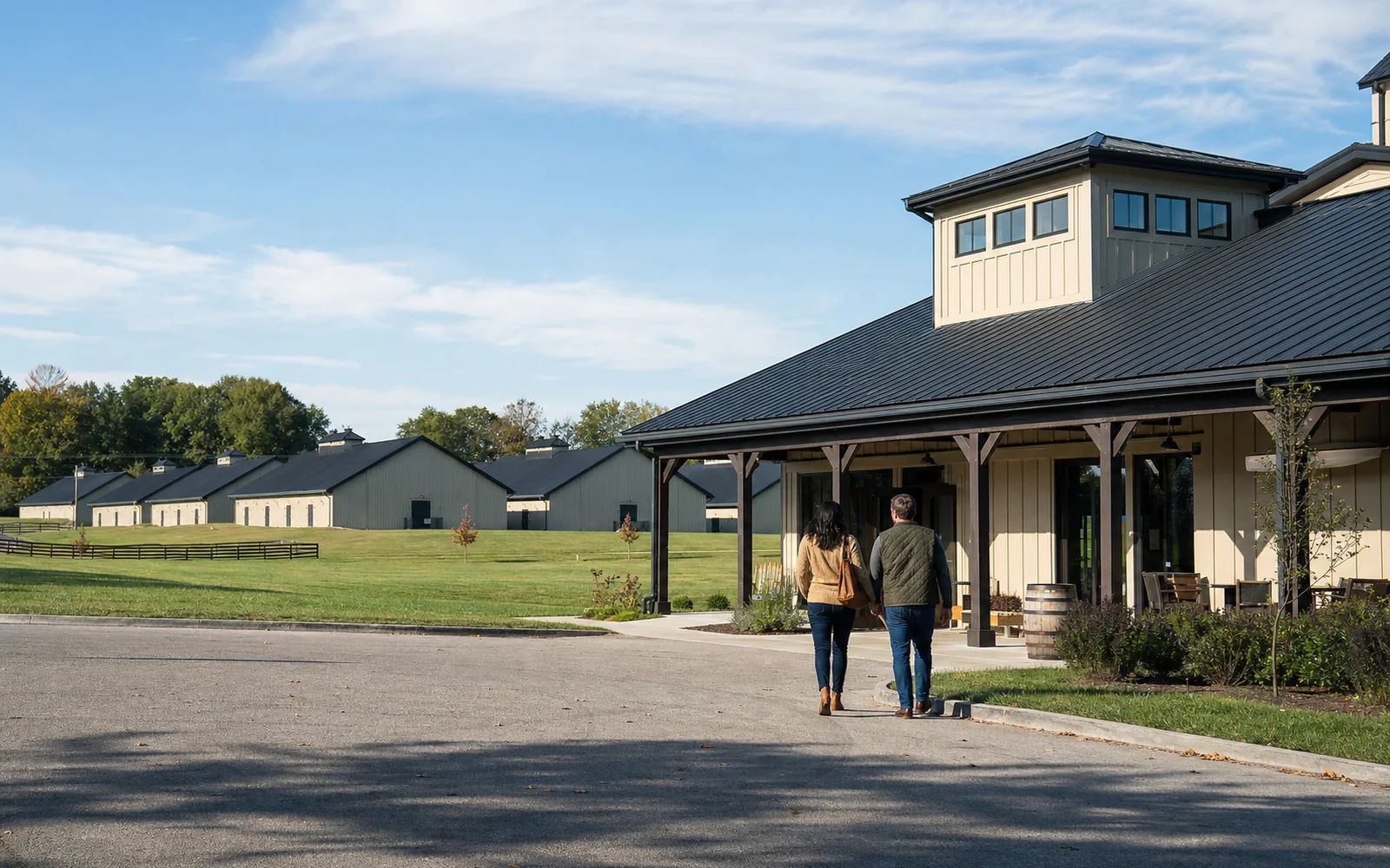 Long single-story barrel warehouses across a mown field under a wide autumn sky, a couple walking toward a small visitor center, AI-generated illustration