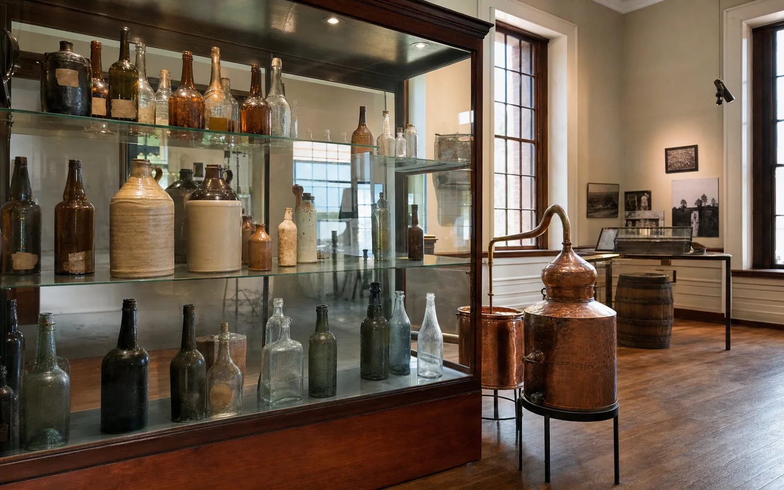 Glass display case of antique amber whiskey bottles and a small copper still in a high-ceilinged historic hall, AI-generated illustration