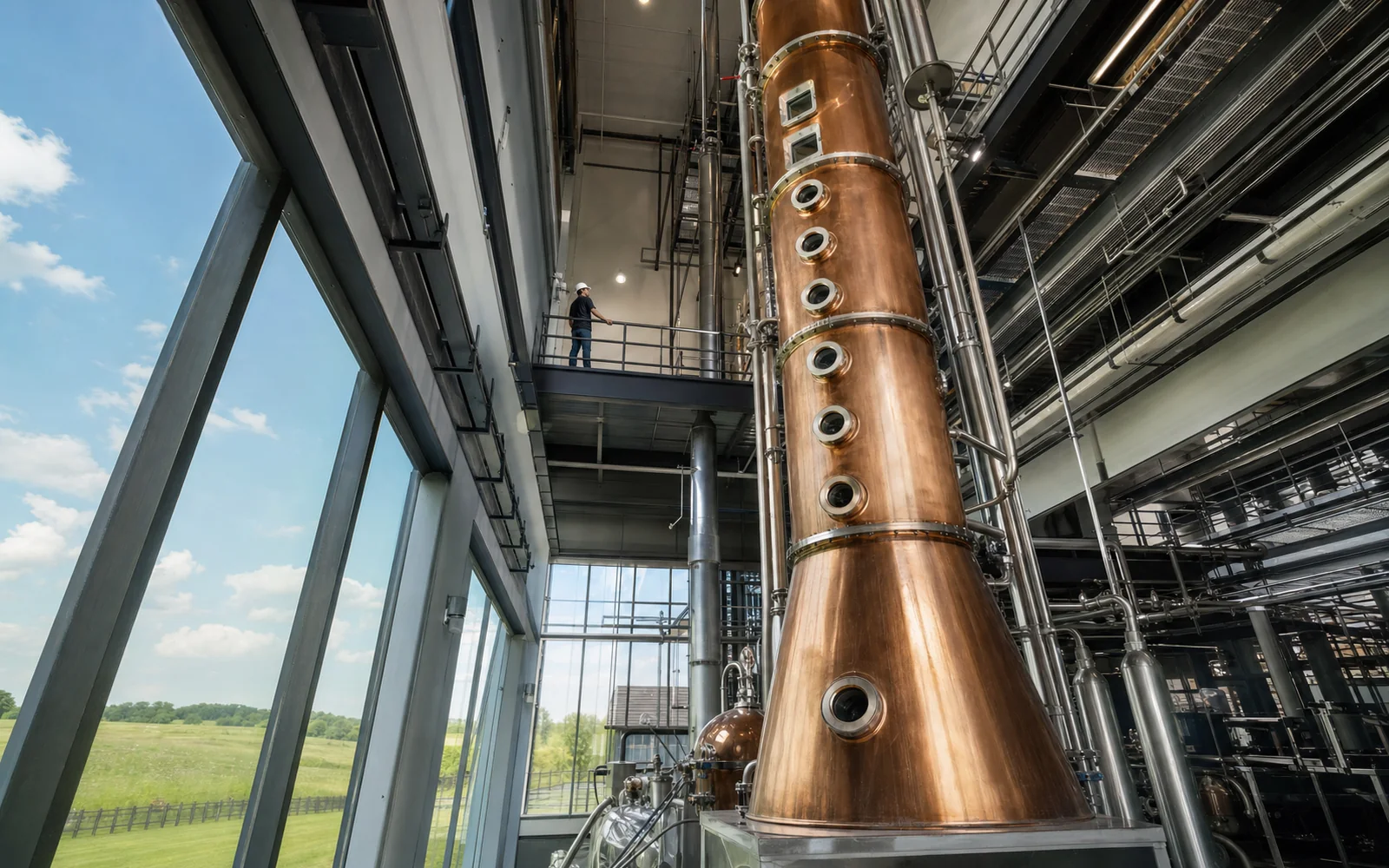 A tall copper column still rising through a bright modern distillery hall with steel catwalks, AI-generated illustration