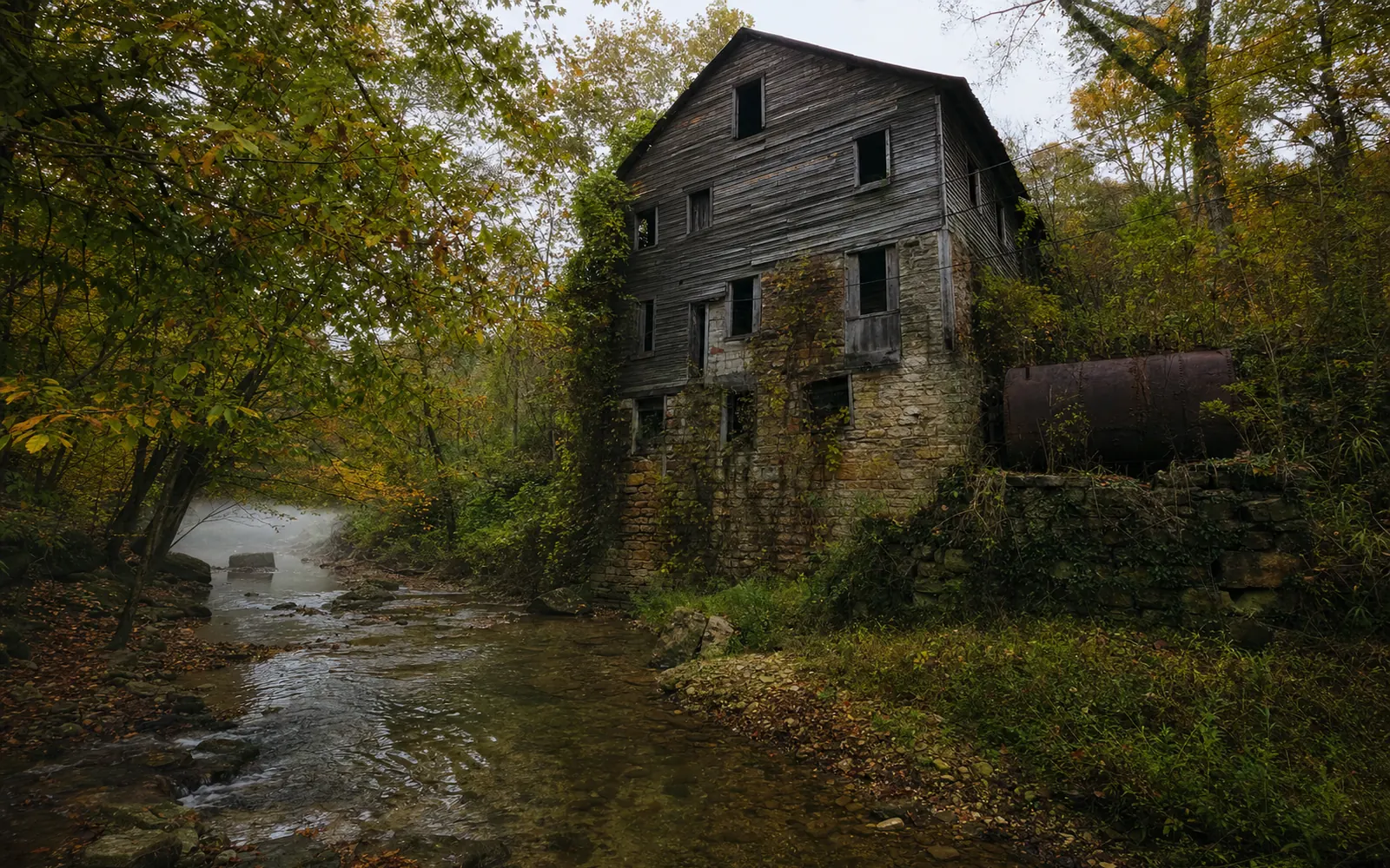Old wooden rickhouse and stone foundations of a historic distillery beside a creek in autumn woods, AI-generated illustration