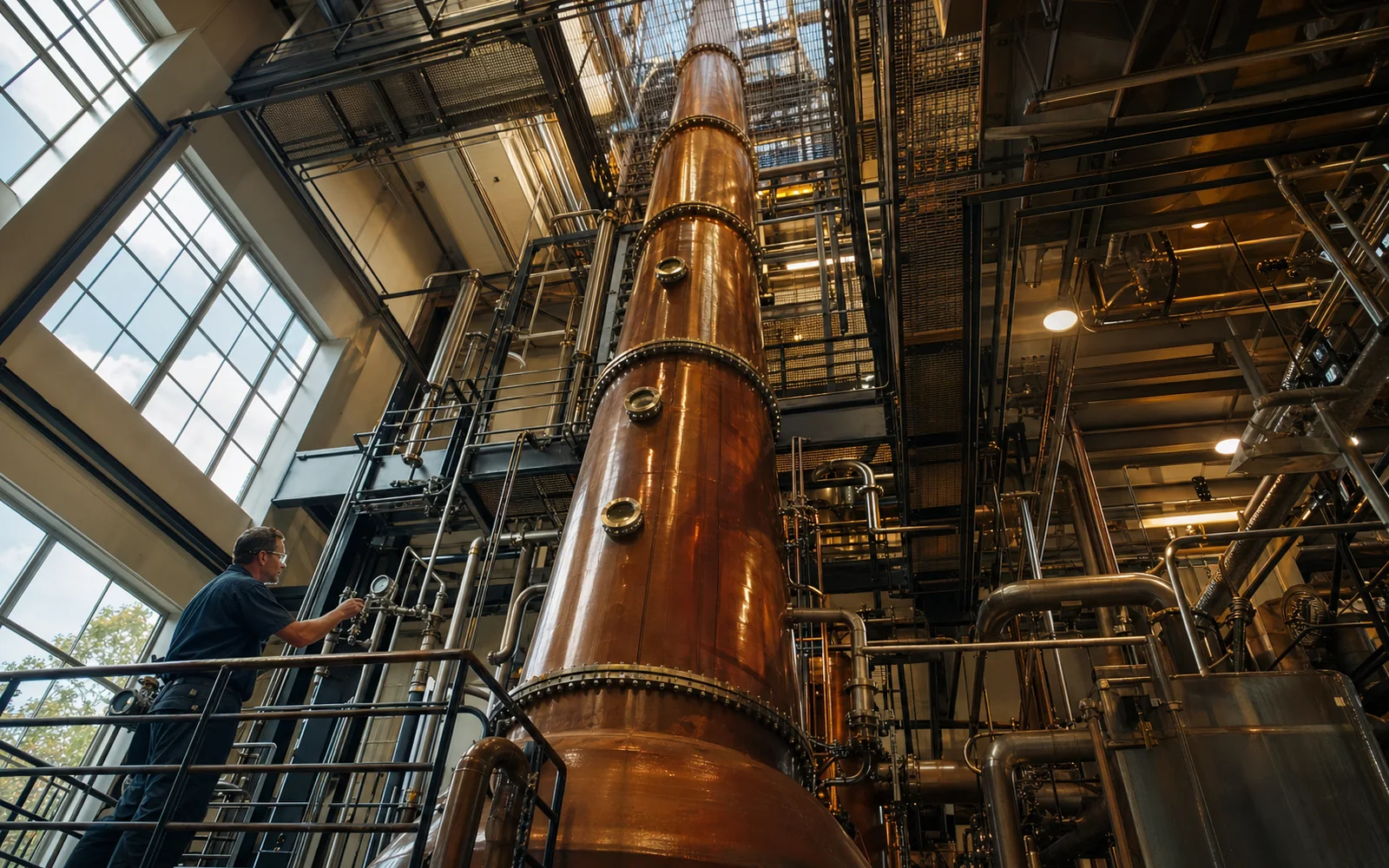 Tall copper column still rising through a bright modern distillery hall with steel walkways, AI-generated illustration
