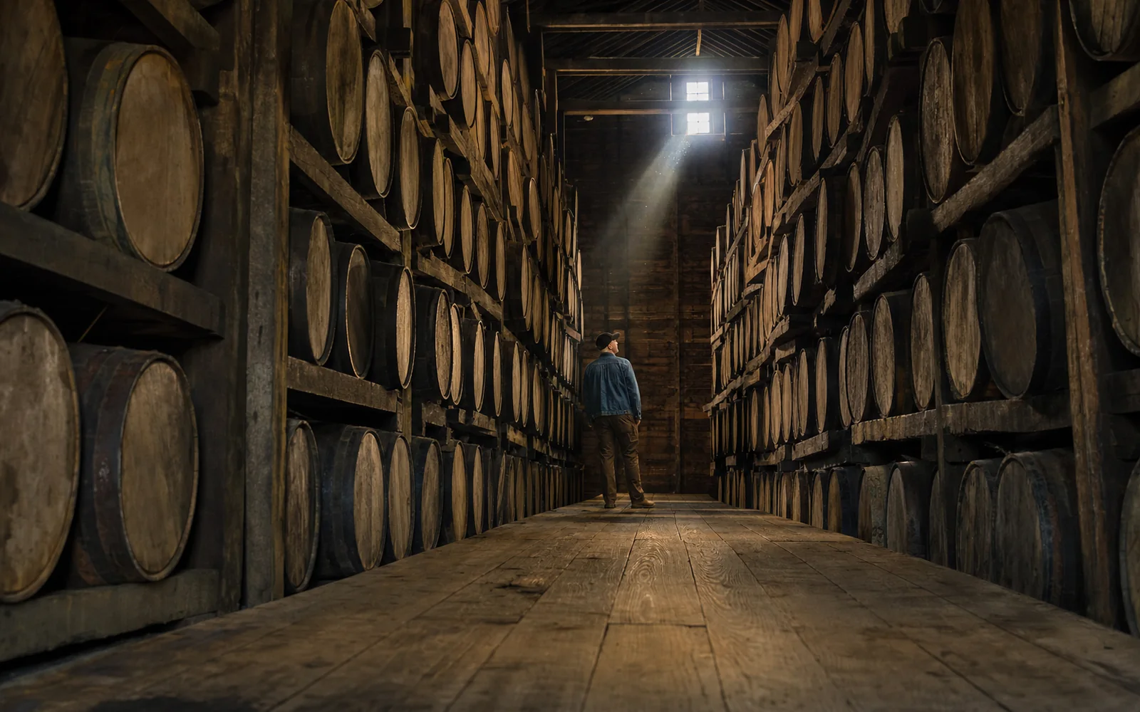 Rows of bourbon barrels resting on wooden ricks inside a dim rickhouse, a shaft of light from a small window, AI-generated illustration