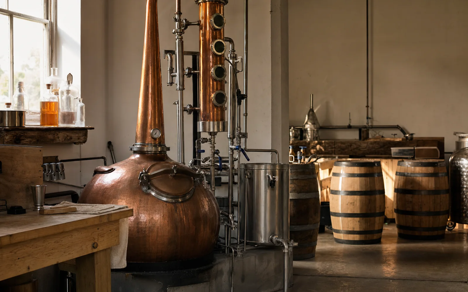 A small copper pot still and column in a modest wood-trimmed still room, lit by afternoon light from a side window, AI-generated illustration