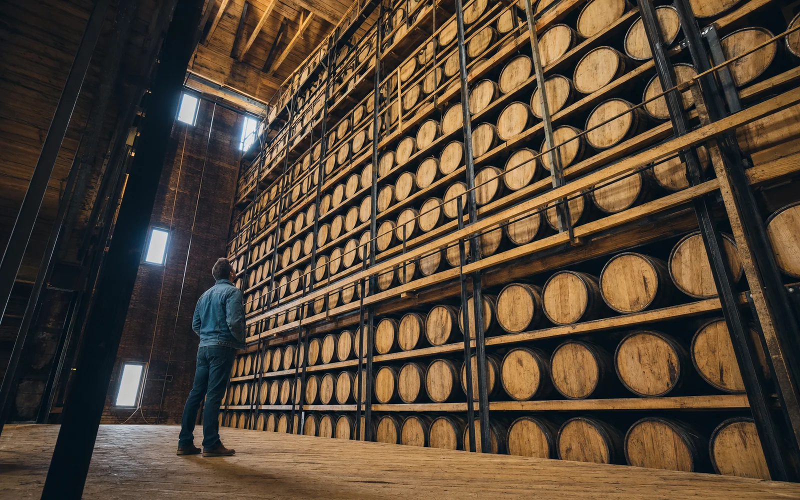 A towering wall of stacked bourbon barrel heads inside a tall warehouse, with a single visitor looking up, AI-generated illustration