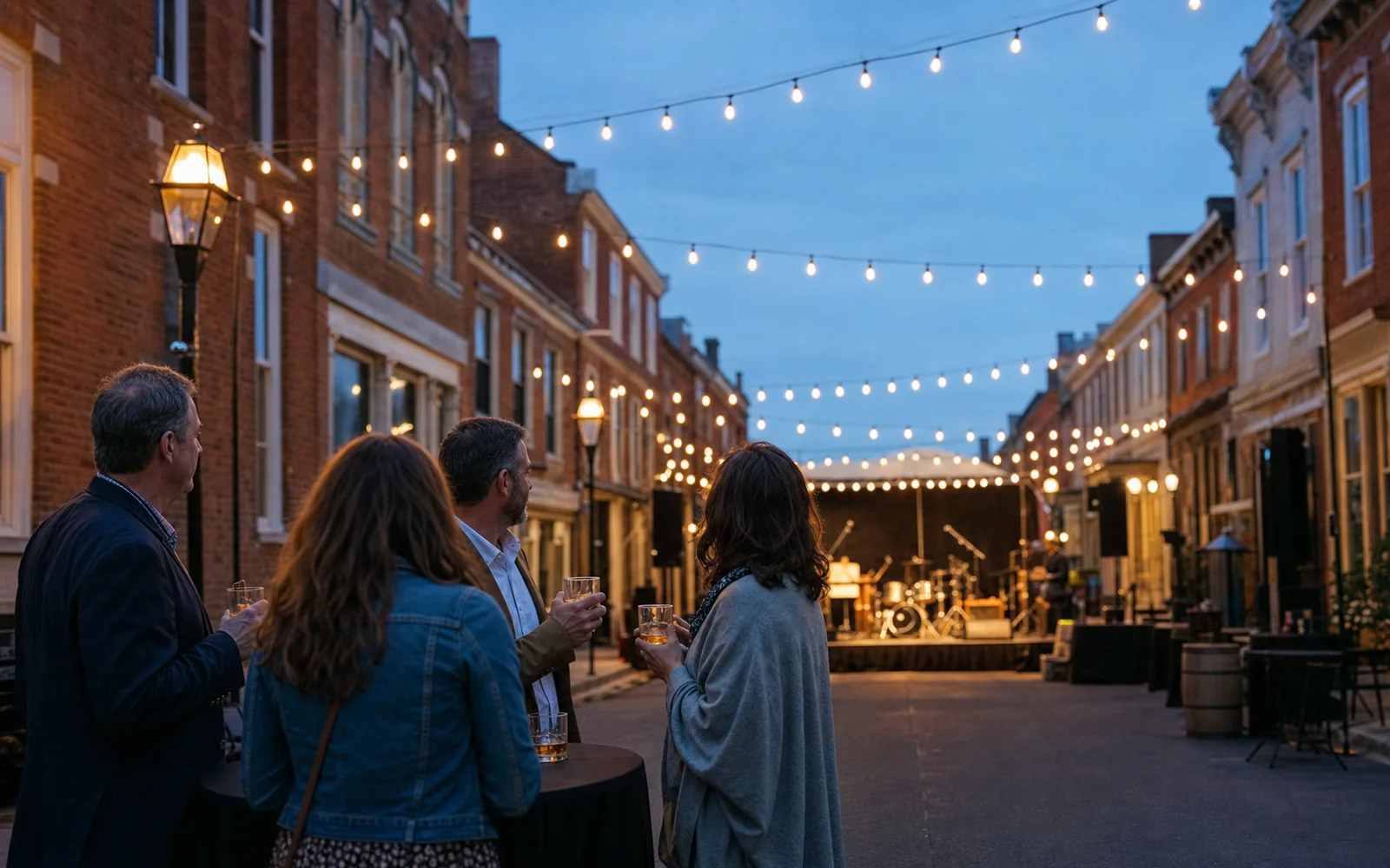 Downtown street of historic brick buildings at summer dusk with string lights and a small outdoor stage, AI-generated illustration