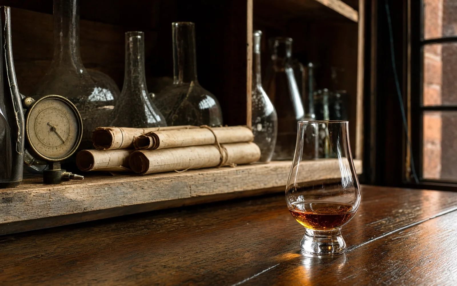 Vintage laboratory glass beakers and a brass temperature gauge on a wooden shelf beside a glass of bourbon, AI-generated illustration