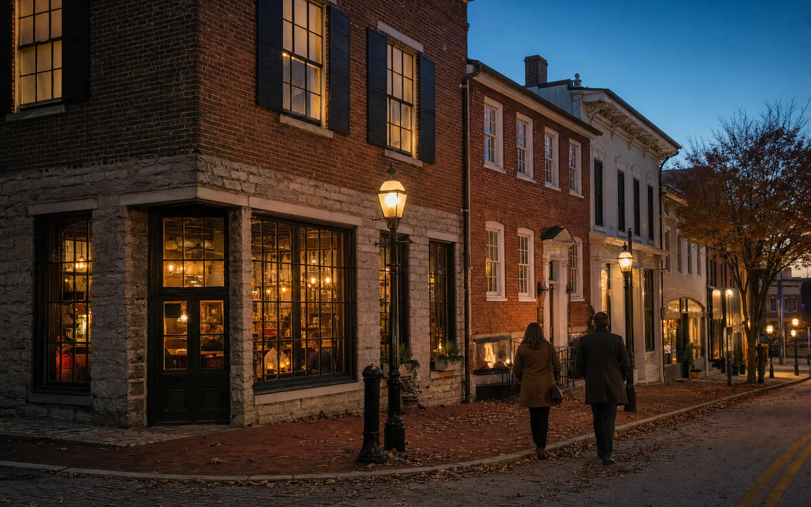 A brick Federal-style street corner at dusk with warm light in tavern windows and two people walking on the sidewalk, AI-generated illustration