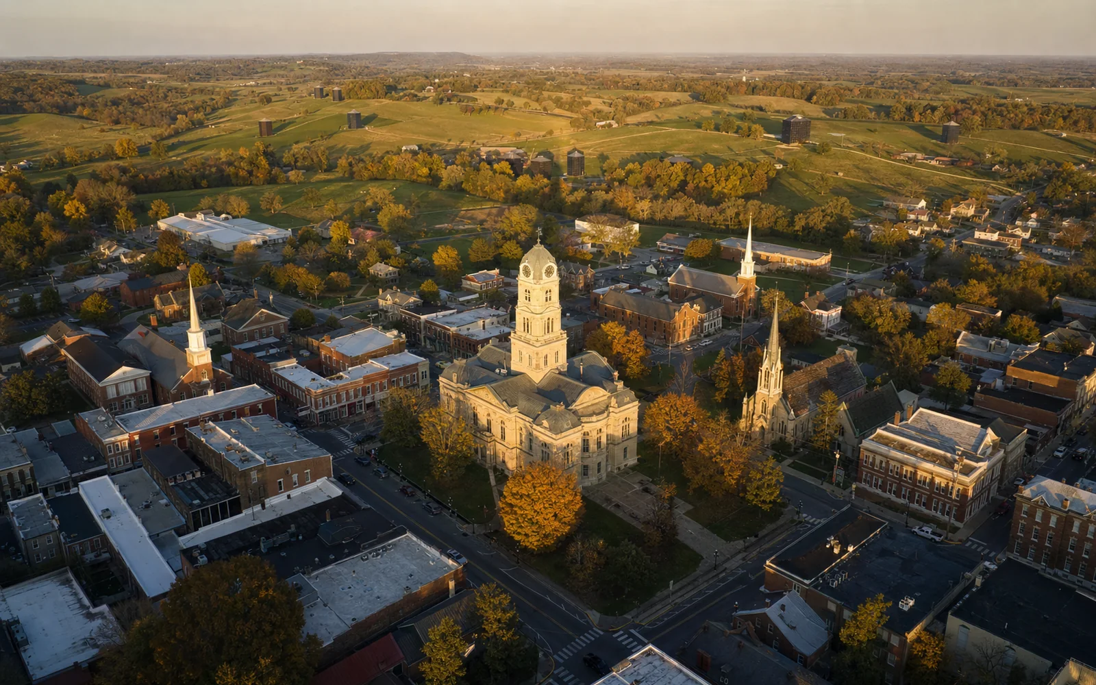 Aerial view of a small Kentucky town square with an old courthouse at its center and rolling farmland with dark warehouses beyond, AI-generated illustration