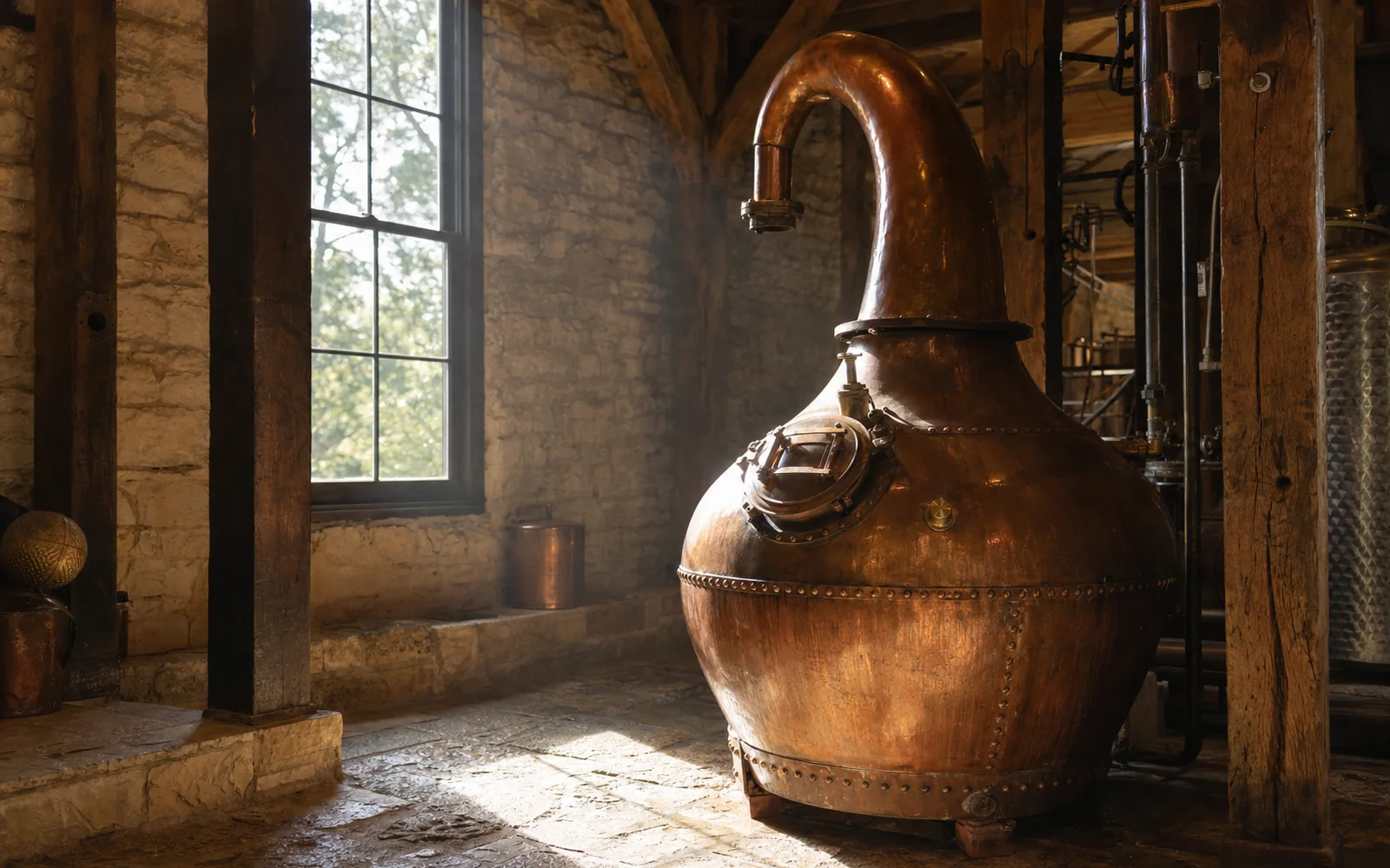 A riveted copper pot still glowing in warm light inside a stone-and-timber distillery hall, AI-generated illustration