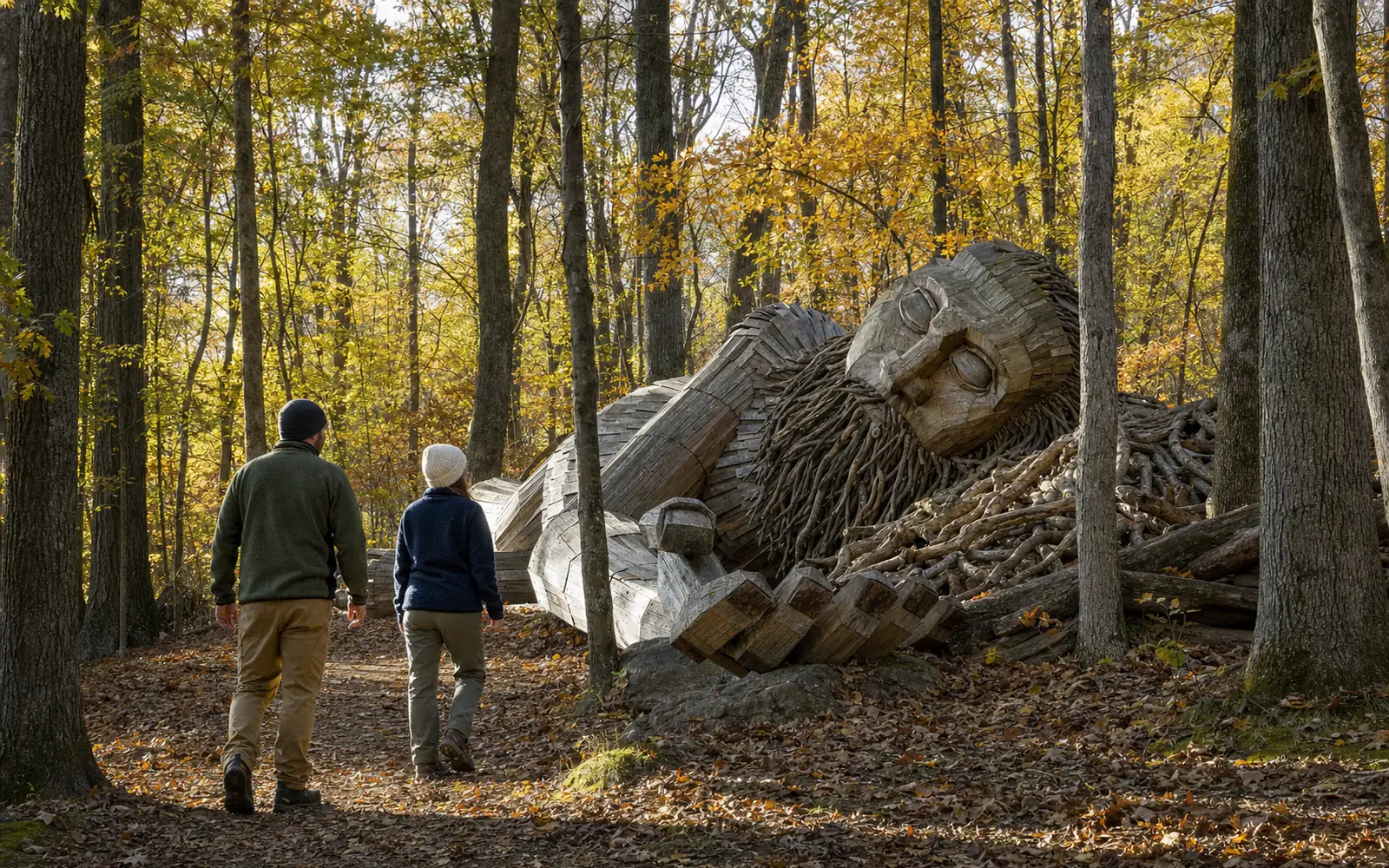 Giant sculpture of a reclining figure made of salvaged wood lying among autumn forest trees, with two hikers on a leaf-covered trail, AI-generated illustration