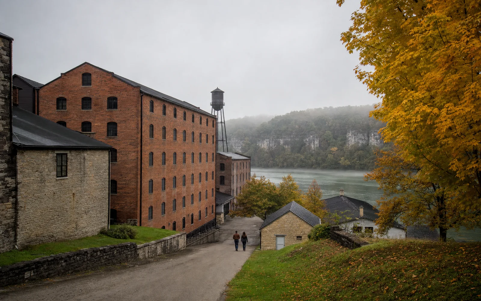 Old brick distillery warehouses and a water tower beside the Kentucky River on a misty autumn morning, AI-generated illustration