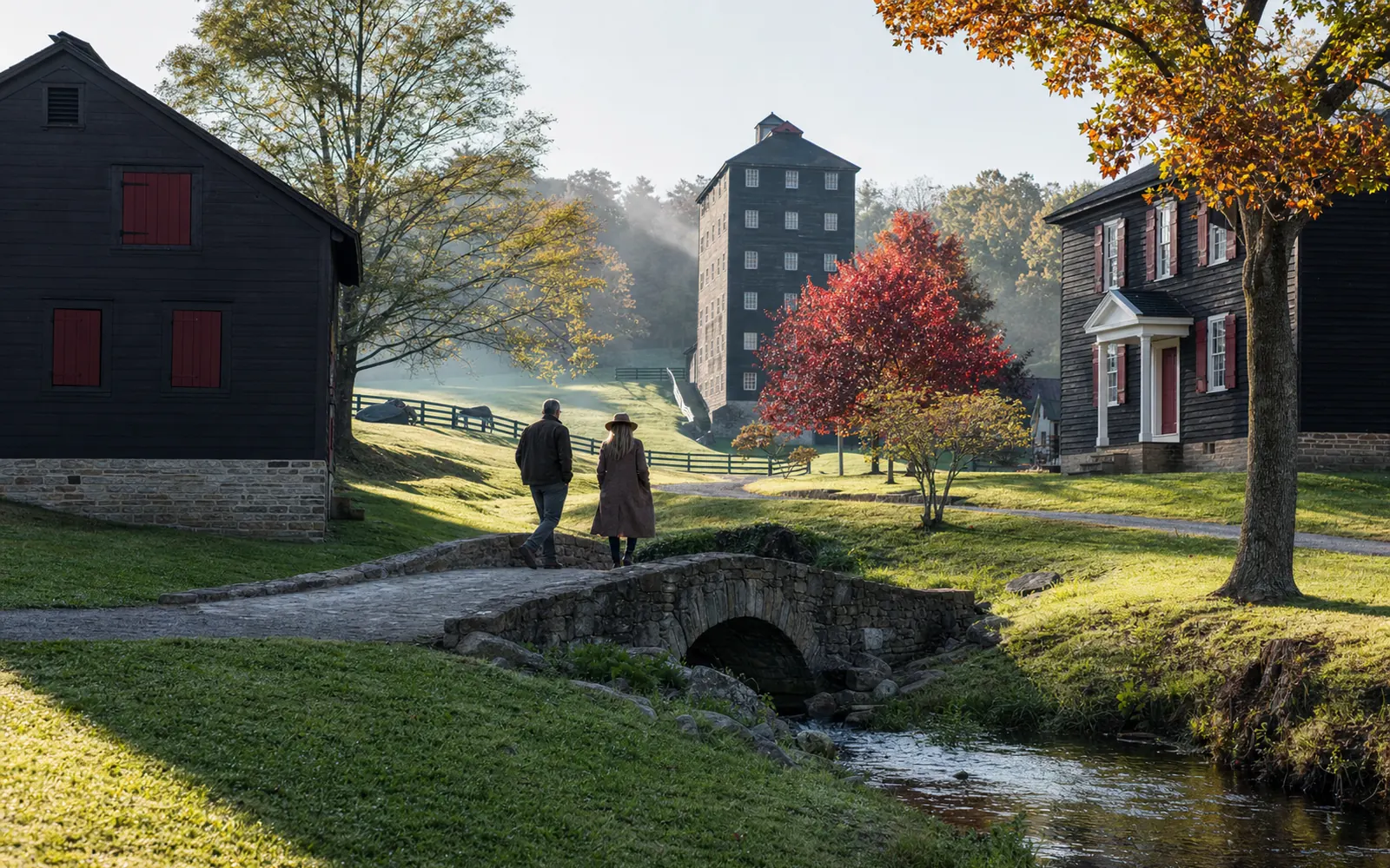 Dark brown distillery buildings with red-trimmed shutters set among green lawns and autumn trees in rolling Kentucky farm country, AI-generated illustration