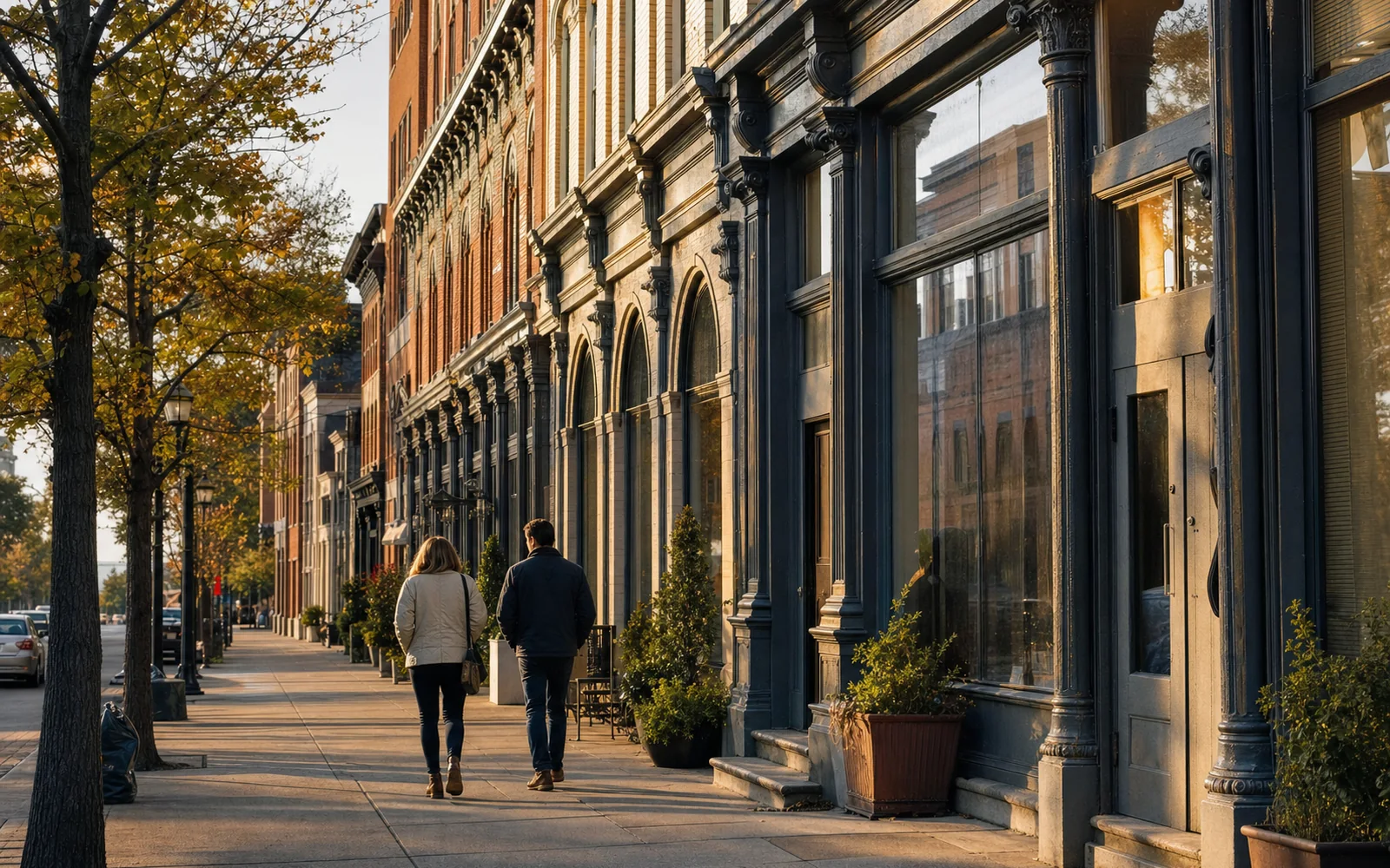 Row of restored cast-iron and brick commercial facades on a downtown Louisville street in late-afternoon light, AI-generated illustration