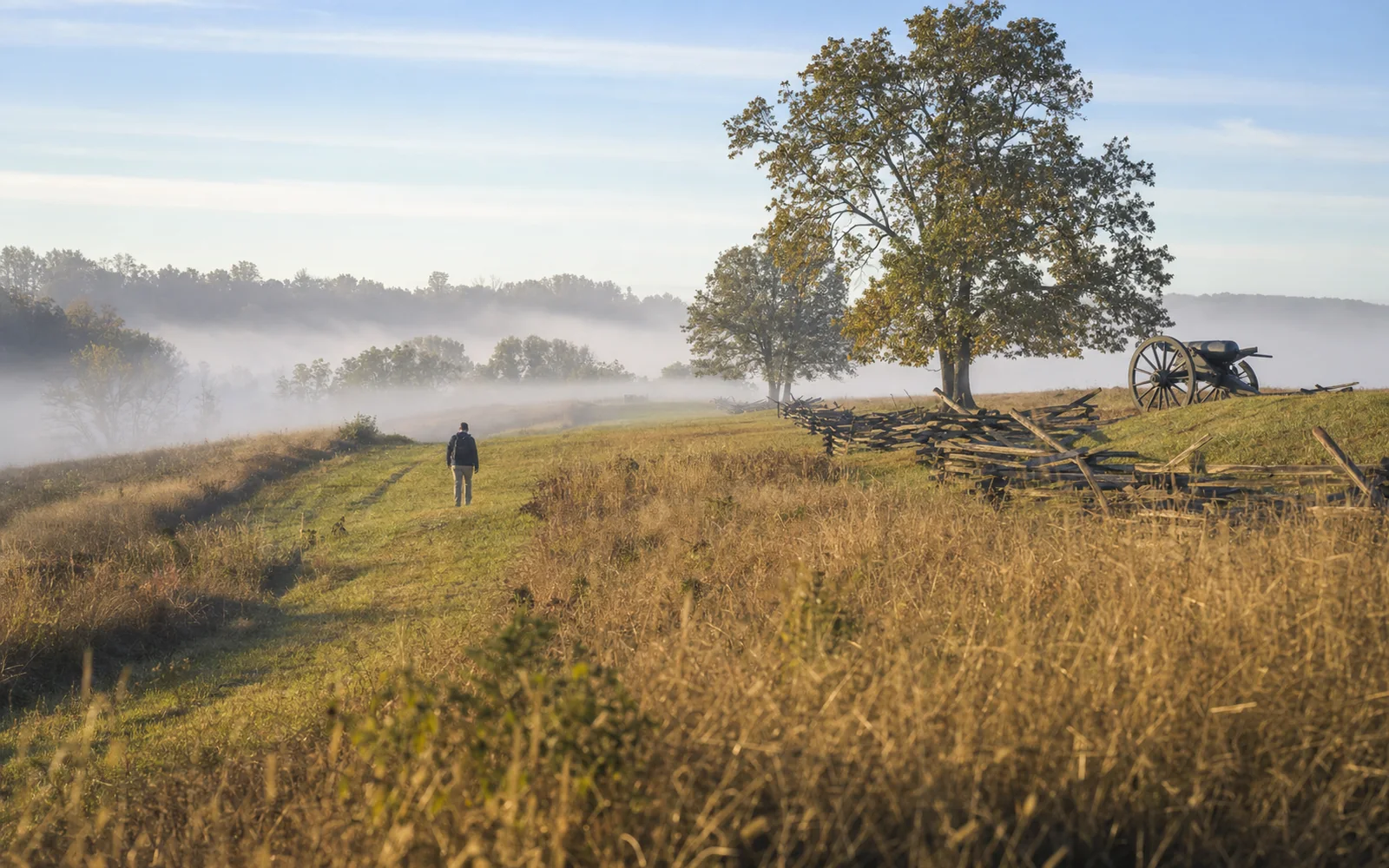 Open rolling battlefield of tall autumn grass and scattered oaks under a wide sky, with a split-rail fence and a lone cannon on a ridge, AI-generated illustration