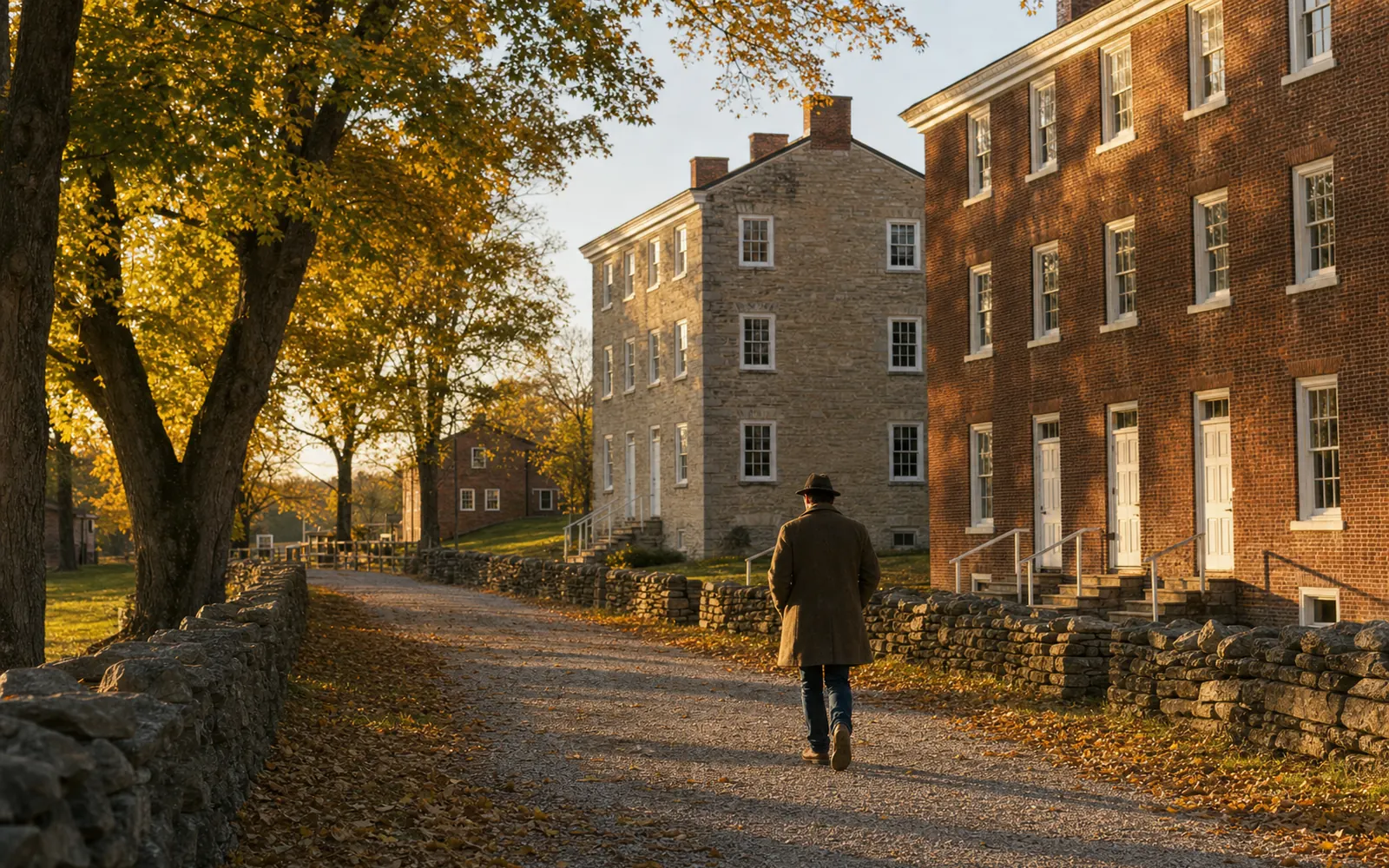 Row of plain brick and limestone Shaker buildings along a gravel lane with stone fences and autumn trees at golden hour, AI-generated illustration