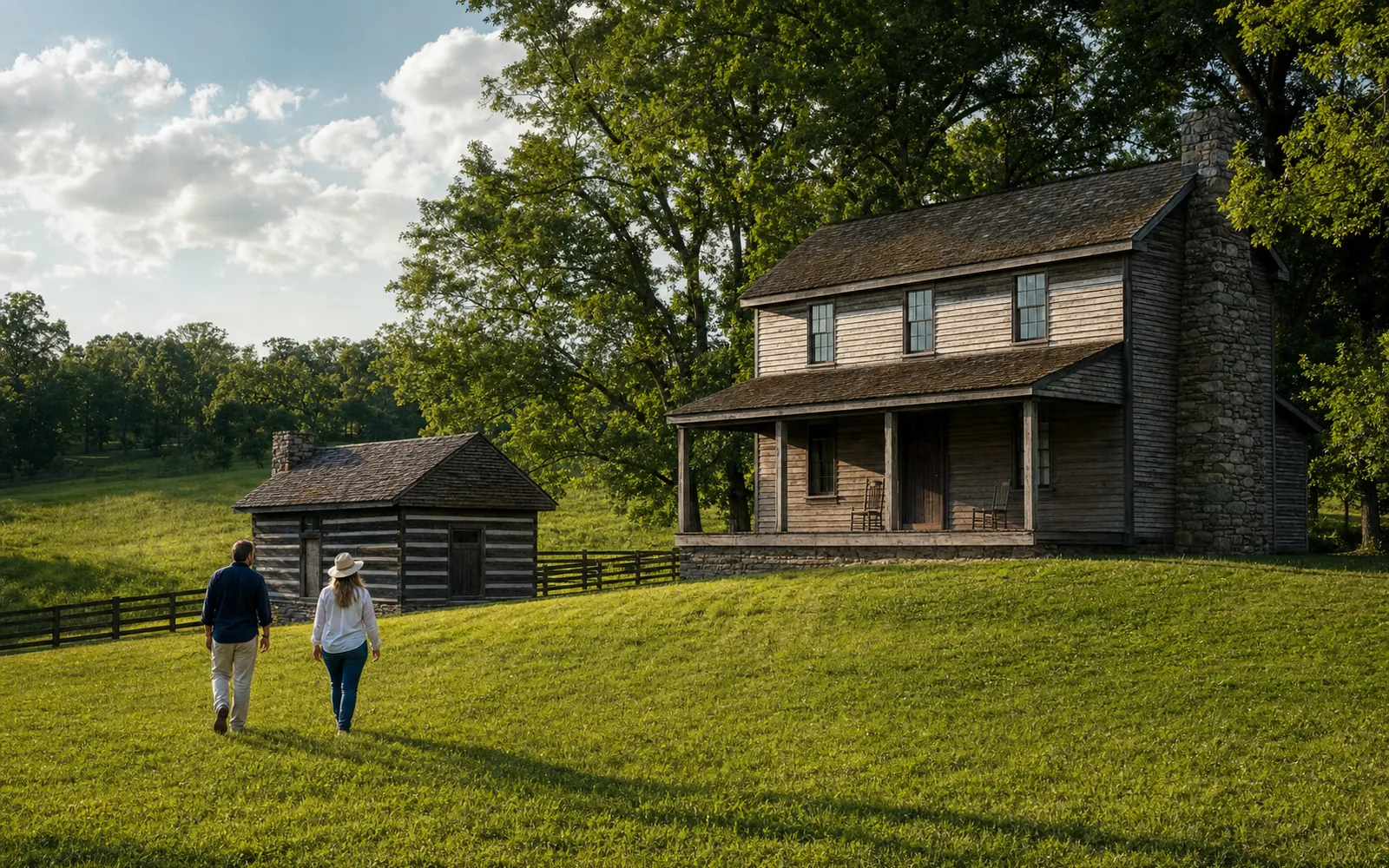 Two-story frontier house and a small log cabin on a green lawn under late-afternoon light with rolling Kentucky farmland beyond, AI-generated illustration