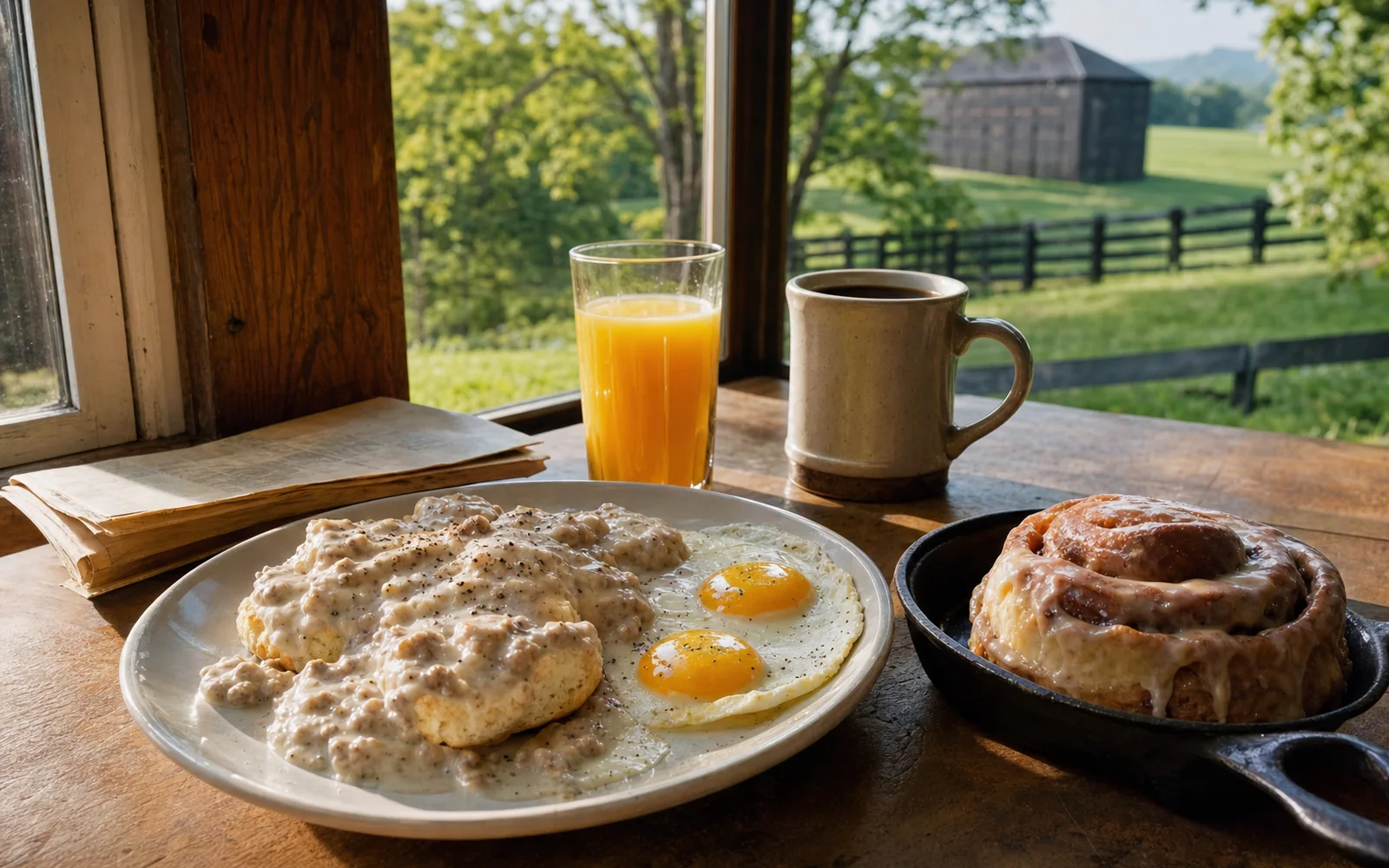 A Southern breakfast of biscuits with sausage gravy, eggs and a skillet cinnamon roll on a diner table by a sunny window, AI-generated illustration