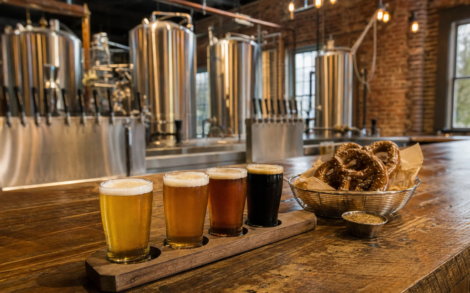 A flight of four craft beers on a wooden paddle on a brewpub bar with stainless tanks behind, AI-generated illustration