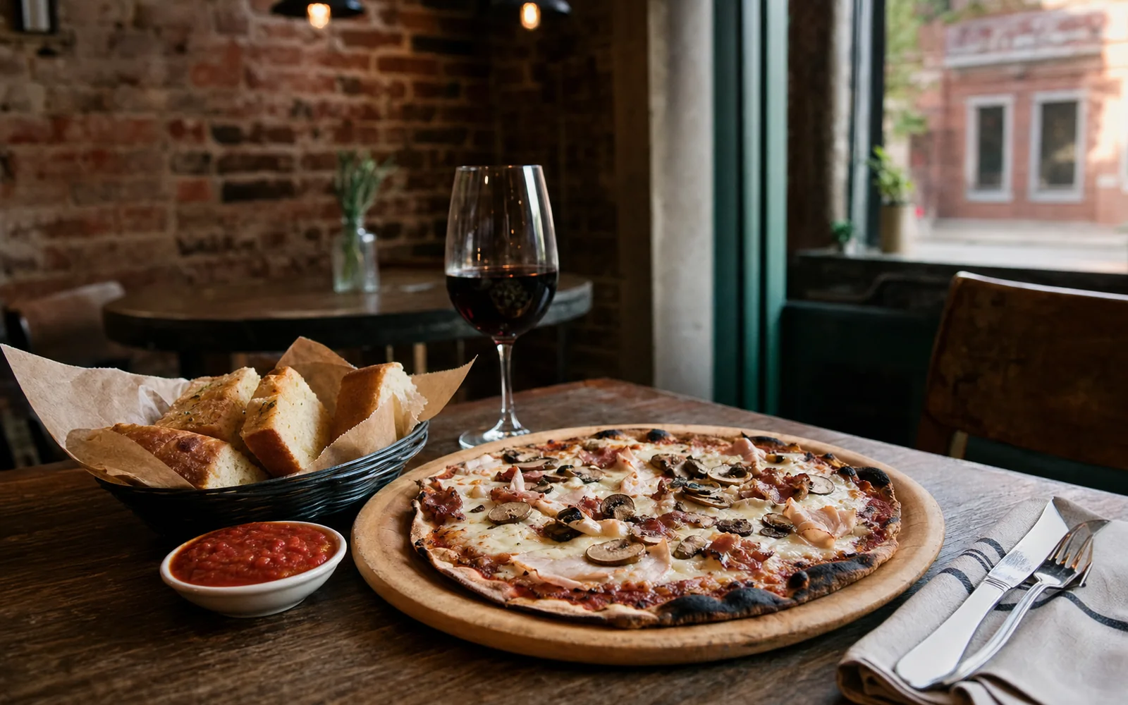 A thin-crust pizza topped with turkey, bacon and mushrooms on a wooden board beside a glass of red wine in a small brick-walled Italian cafe, AI-generated illustration