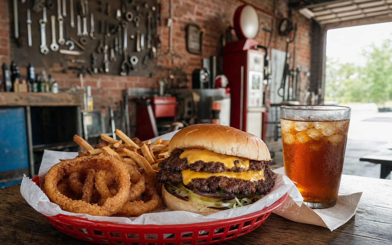 A smashburger with melted cheese, onion rings and a basket of fries on a retro diner counter in a converted garage, AI-generated illustration