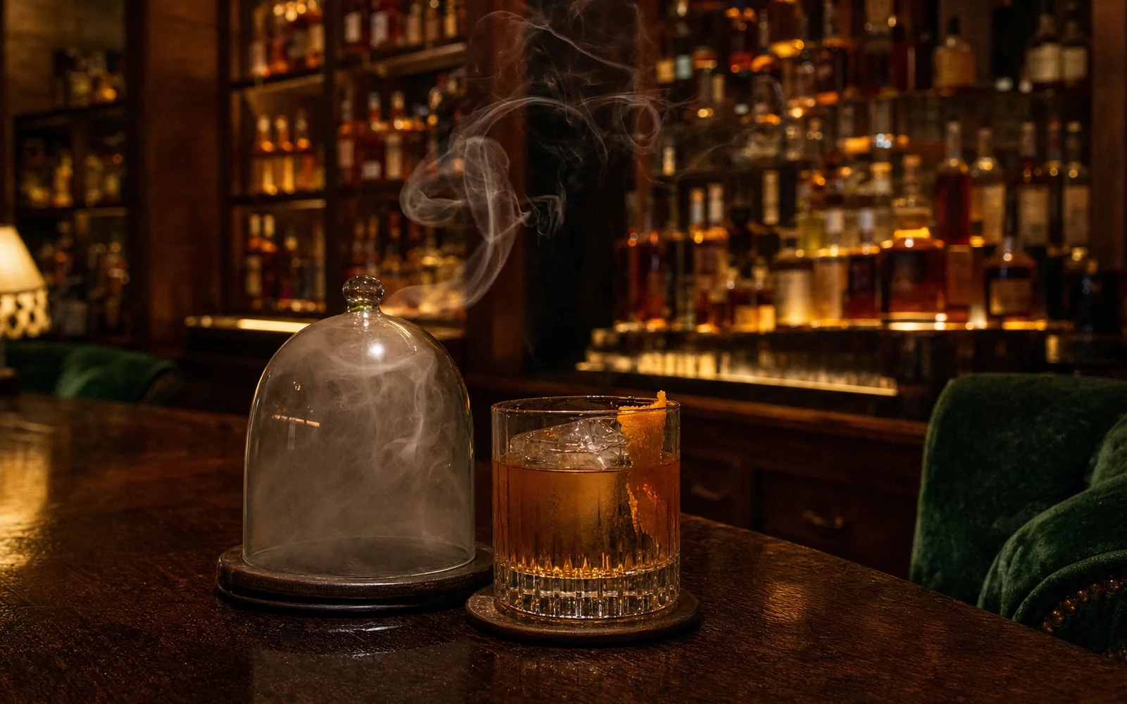 A smoked old fashioned under a glass cloche on a dark wood bar, with shelves of bourbon bottles glowing behind, AI-generated illustration