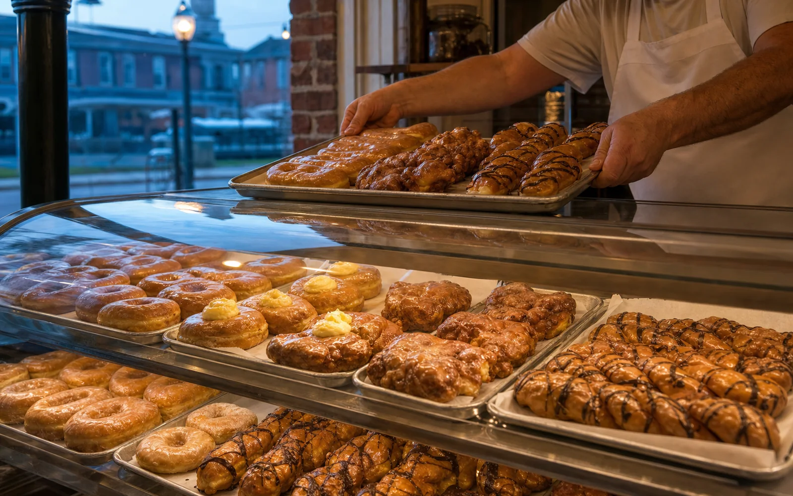 Trays of glazed donuts and chocolate-drizzled cinnamon twists in a small-town bakery case at dawn, AI-generated illustration