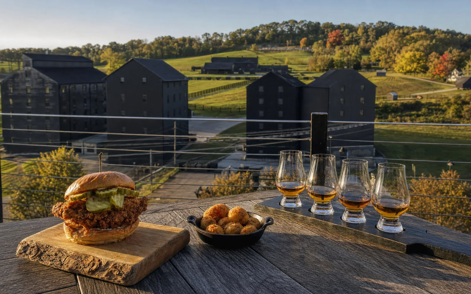 A fried chicken sandwich and a bourbon tasting flight on a patio table overlooking tall dark rickhouses, AI-generated illustration