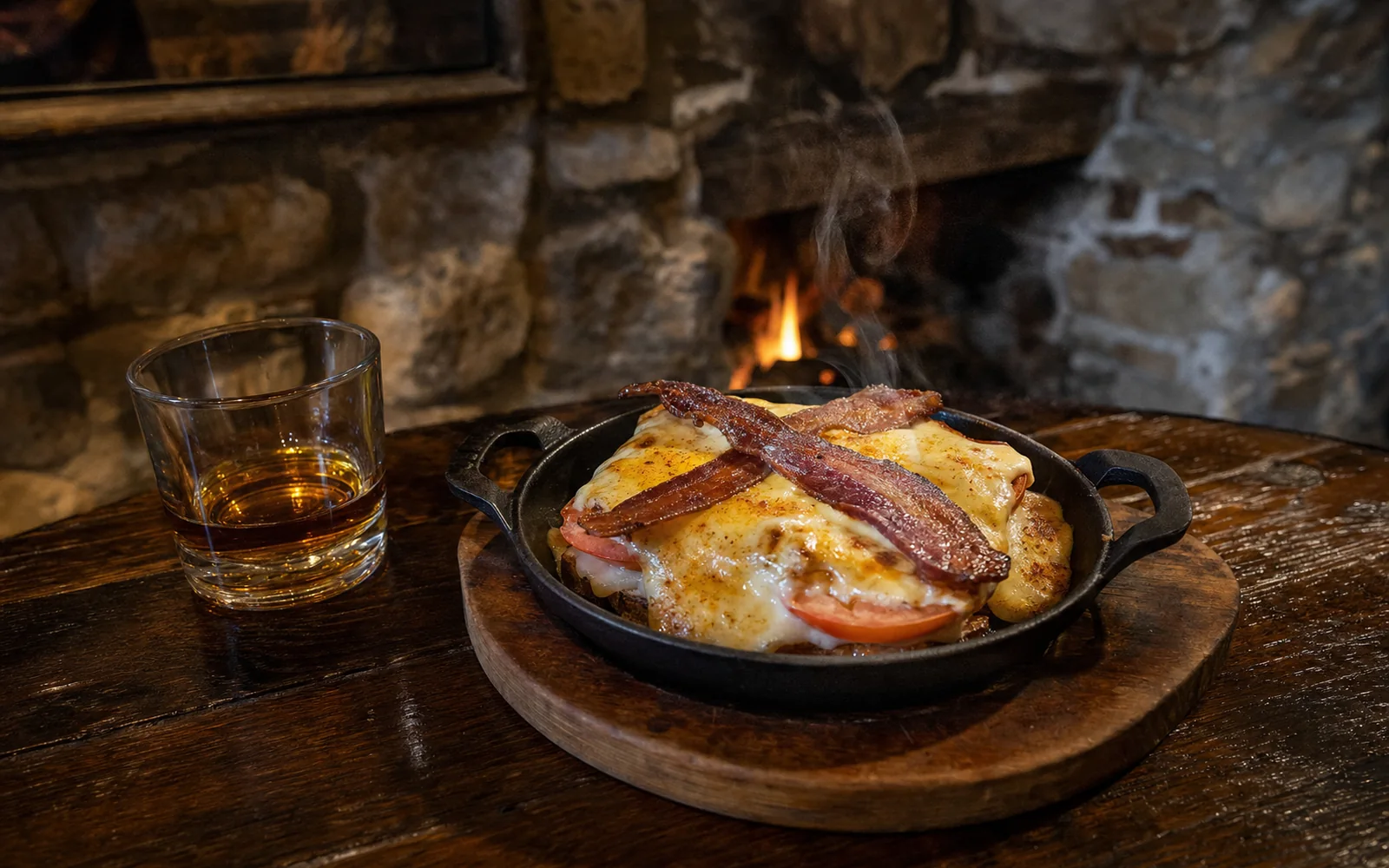 A Kentucky Hot Brown bubbling in a cast-iron skillet on a wooden tavern table beside a glass of bourbon, stone wall behind, AI-generated illustration