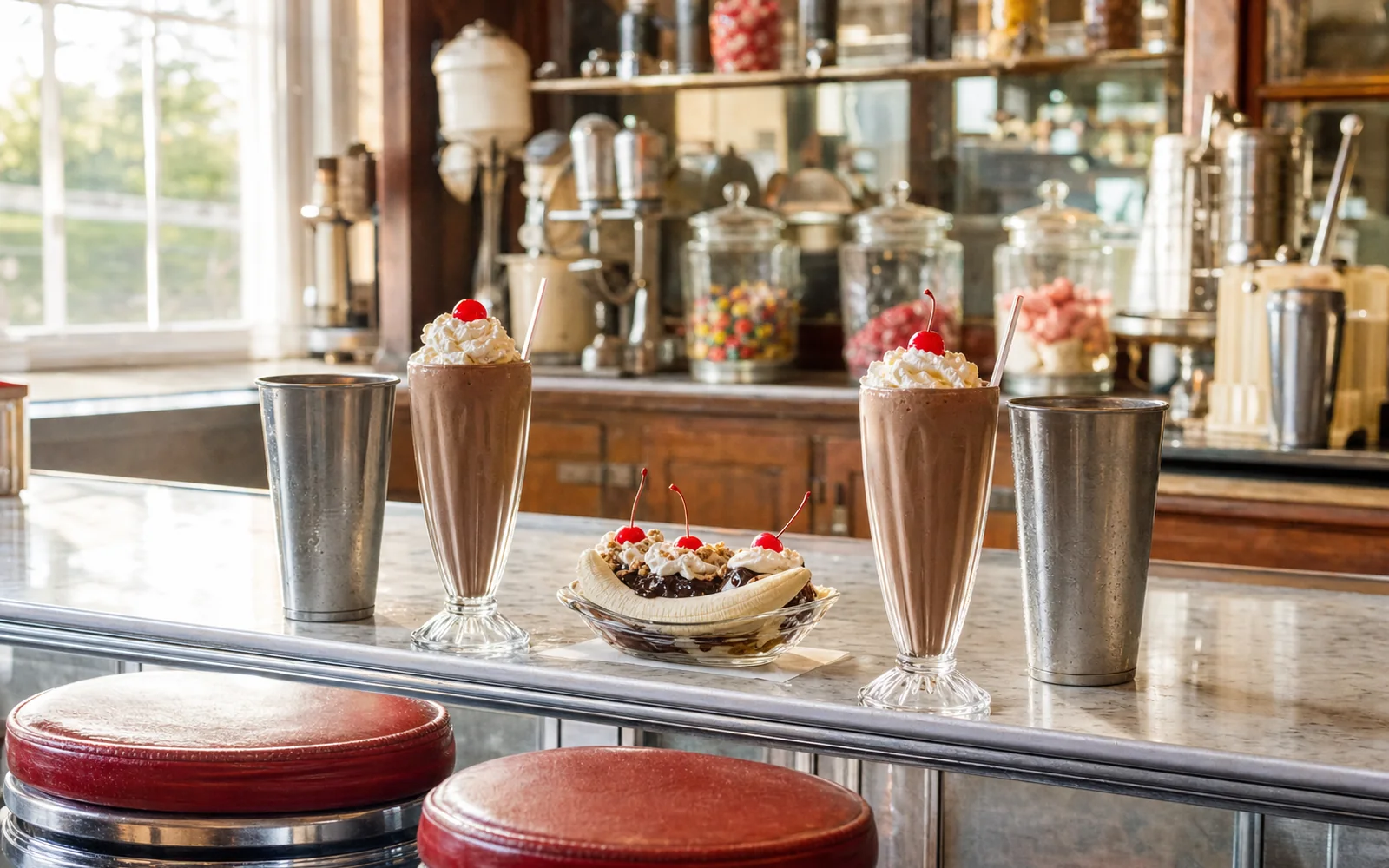 Two tall chocolate milkshakes with whipped cream and cherries beside their metal mixing tins on a vintage soda fountain counter, AI-generated illustration