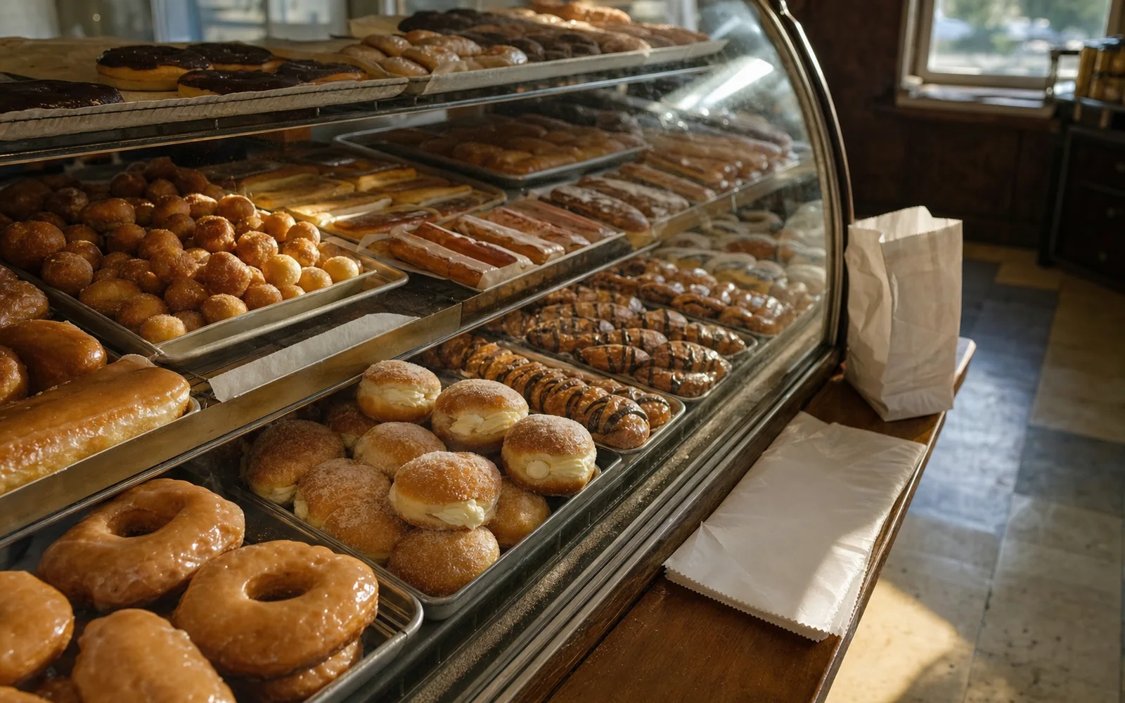 A glass bakery case filled with glazed donuts and chocolate-drizzled cinnamon twists in early morning light, AI-generated illustration