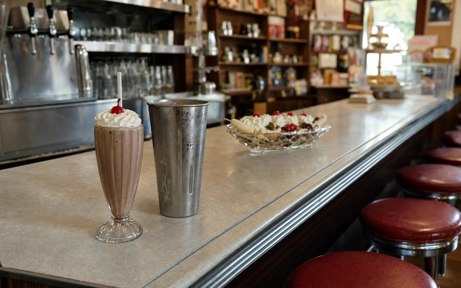 A chocolate milkshake in a tall fluted glass beside its steel mixing tin on a vintage soda fountain counter with chrome stools, AI-generated illustration