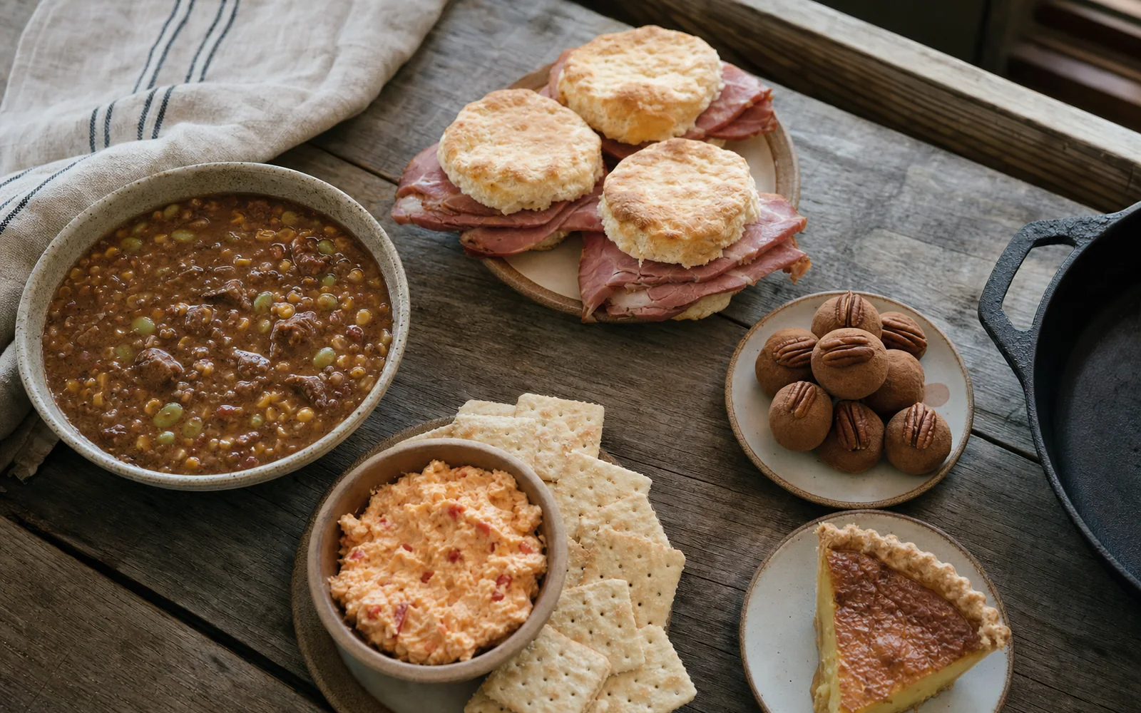 A wooden table set with a bowl of burgoo, country ham biscuits, pimento cheese with crackers and a plate of bourbon balls, AI-generated illustration