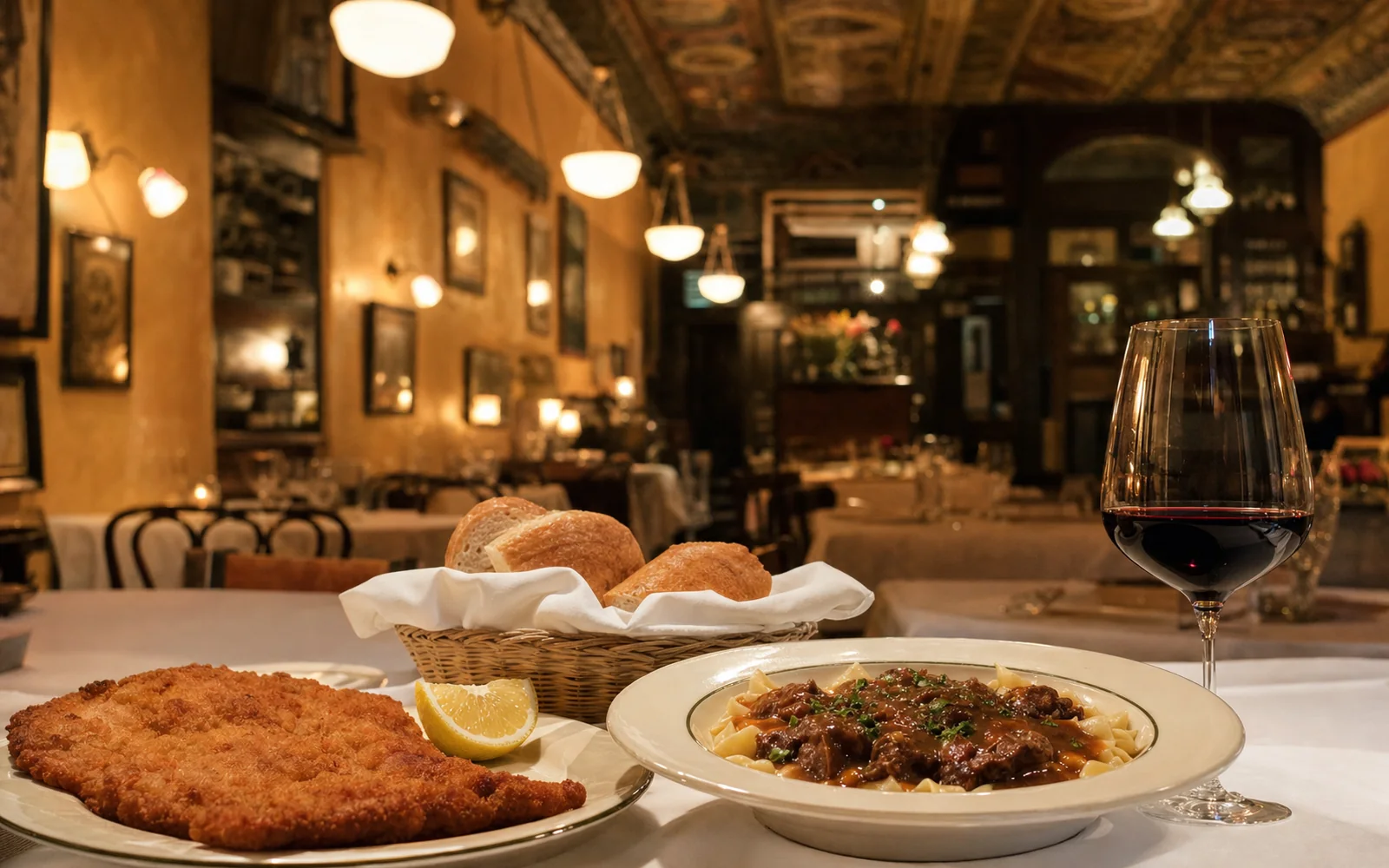 A golden Wiener schnitzel with a lemon wedge and a bowl of beef goulash over egg noodles on a white tablecloth, AI-generated illustration