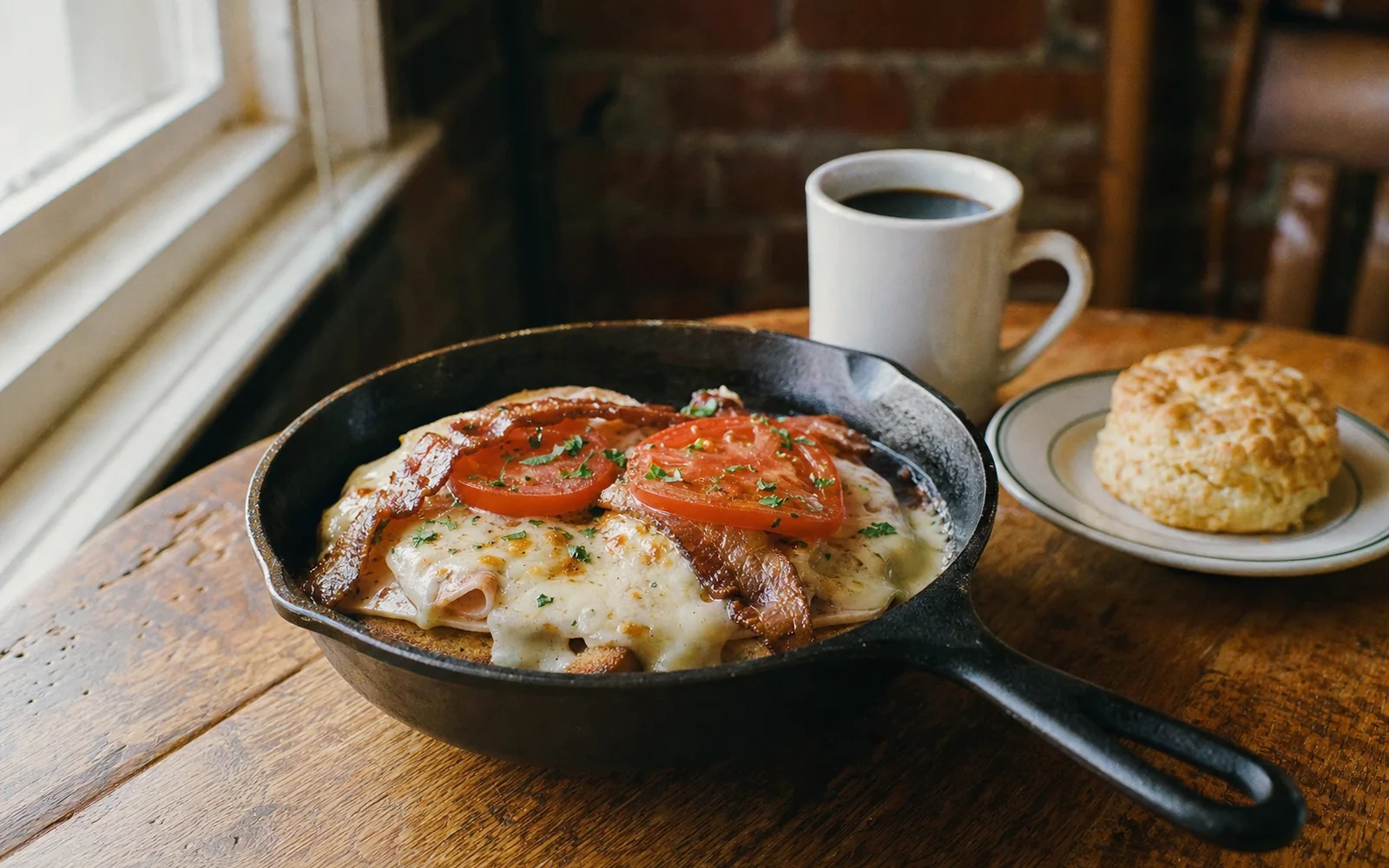 A cast-iron skillet holding a Kentucky hot brown with bacon and tomato on a wooden diner table beside a mug of coffee, AI-generated illustration