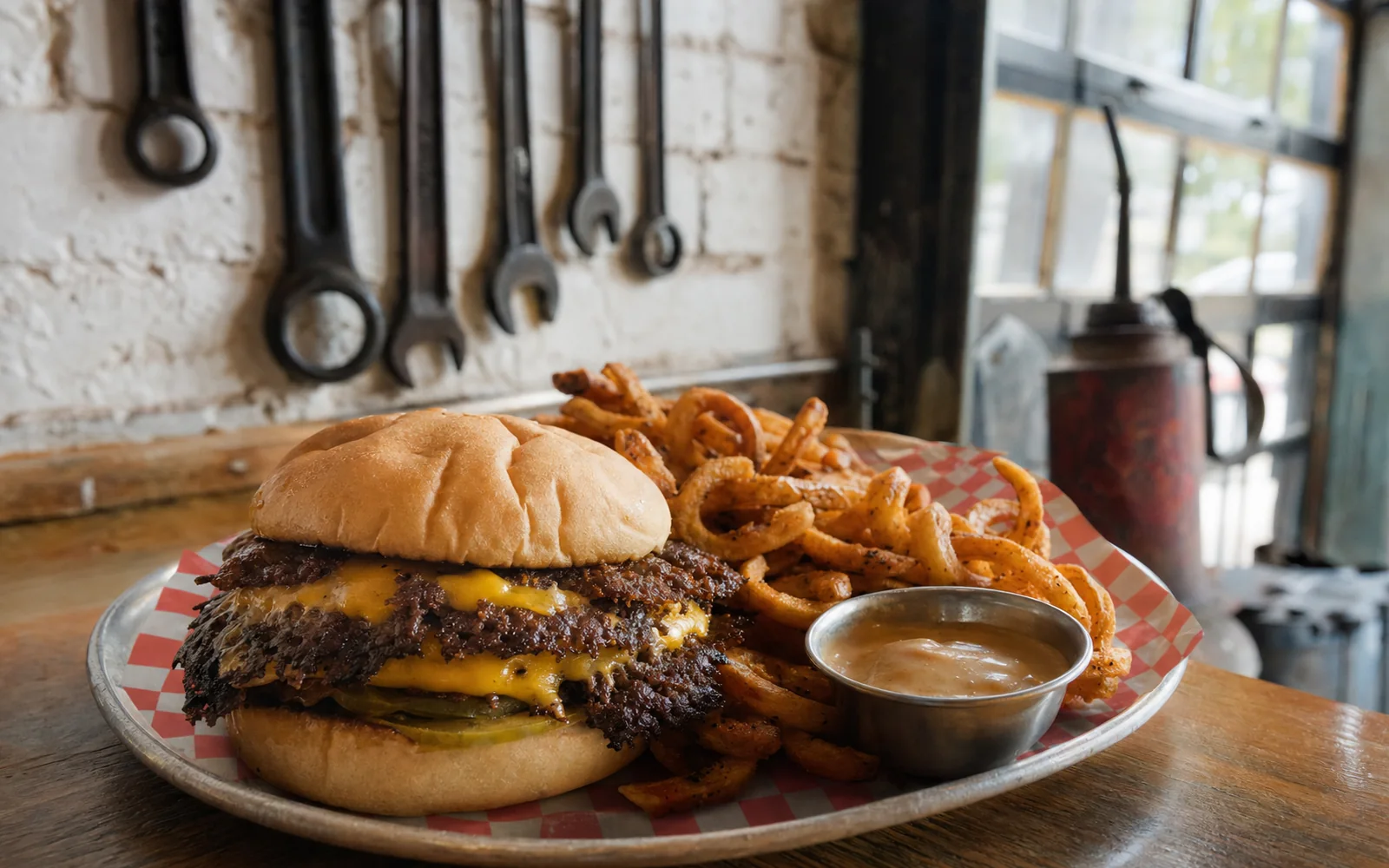 A double smashburger with crispy edges and curly fries on a metal tray, with vintage garage tools on a brick wall behind, AI-generated illustration
