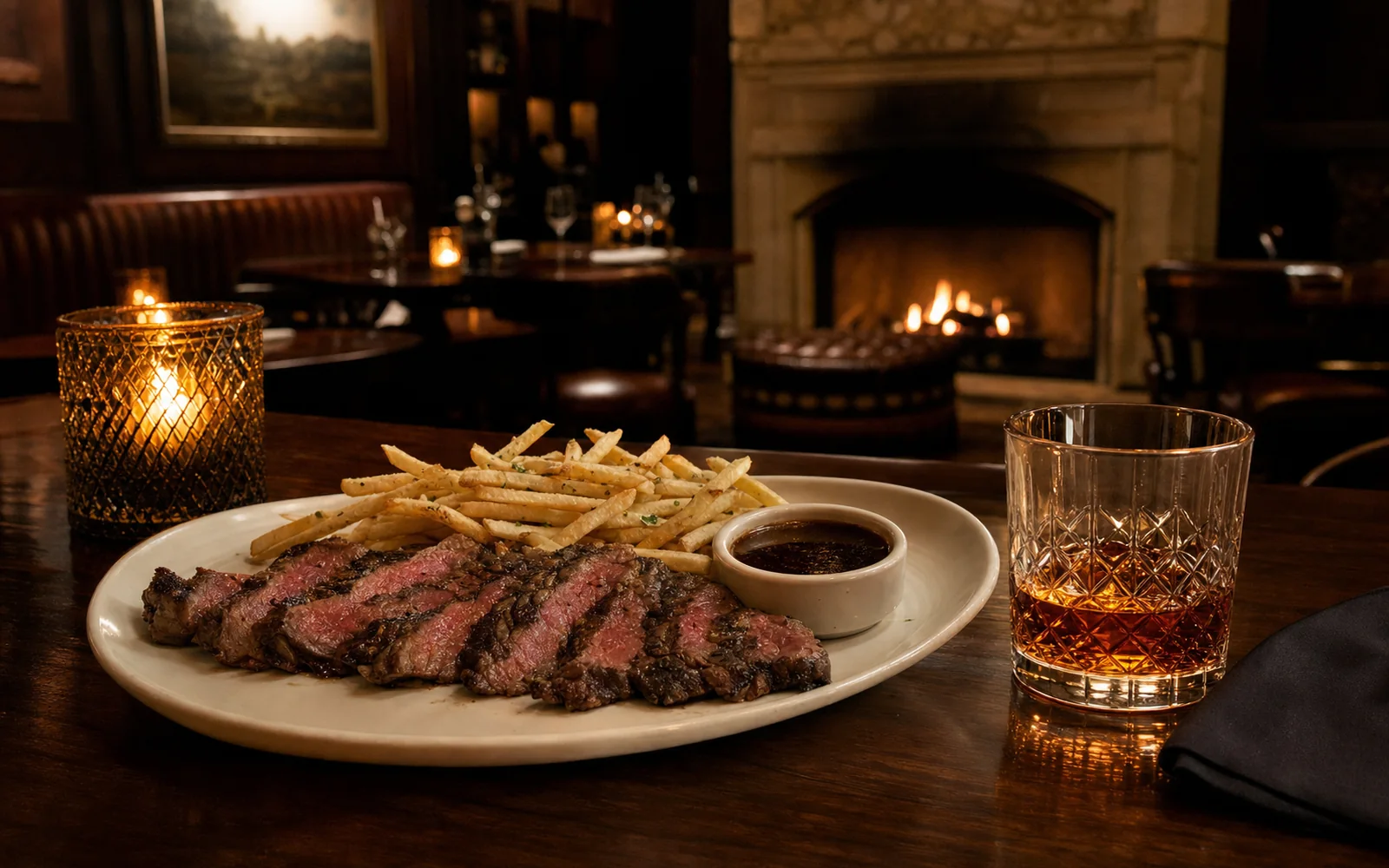 A sliced hanger steak with fries and a short glass of bourbon on a dark table in a dim, wood-and-leather hotel dining room, AI-generated illustration