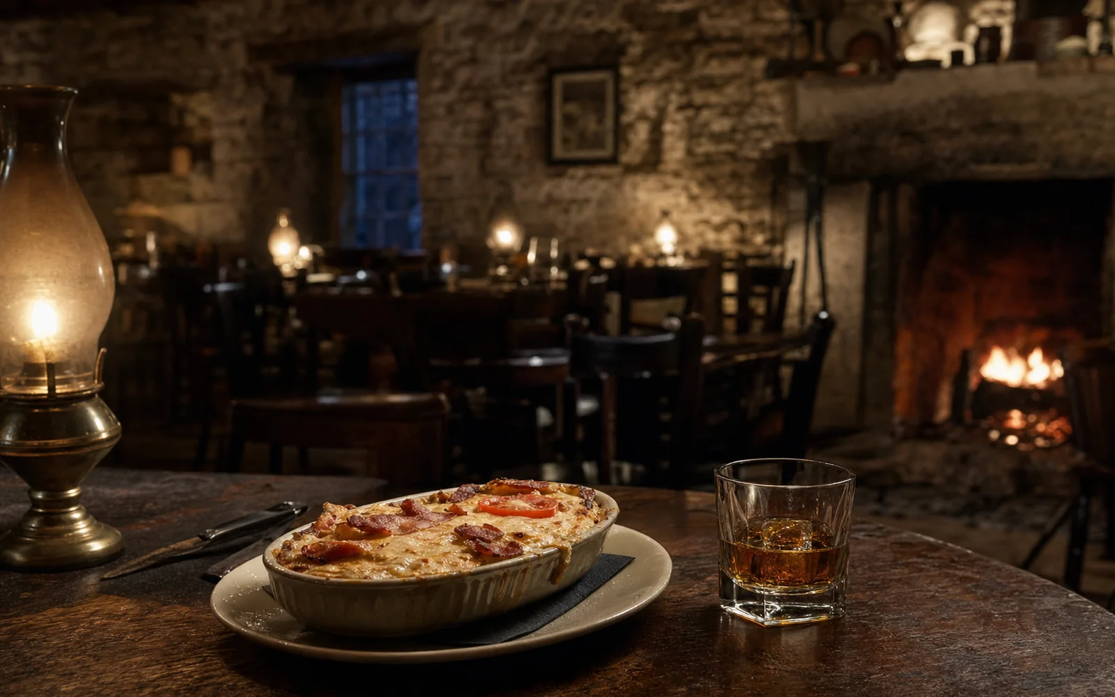 A plate of Kentucky hot brown on a dark wooden table beside a glass of bourbon, with thick stone walls and a fireplace glowing behind, AI-generated illustration