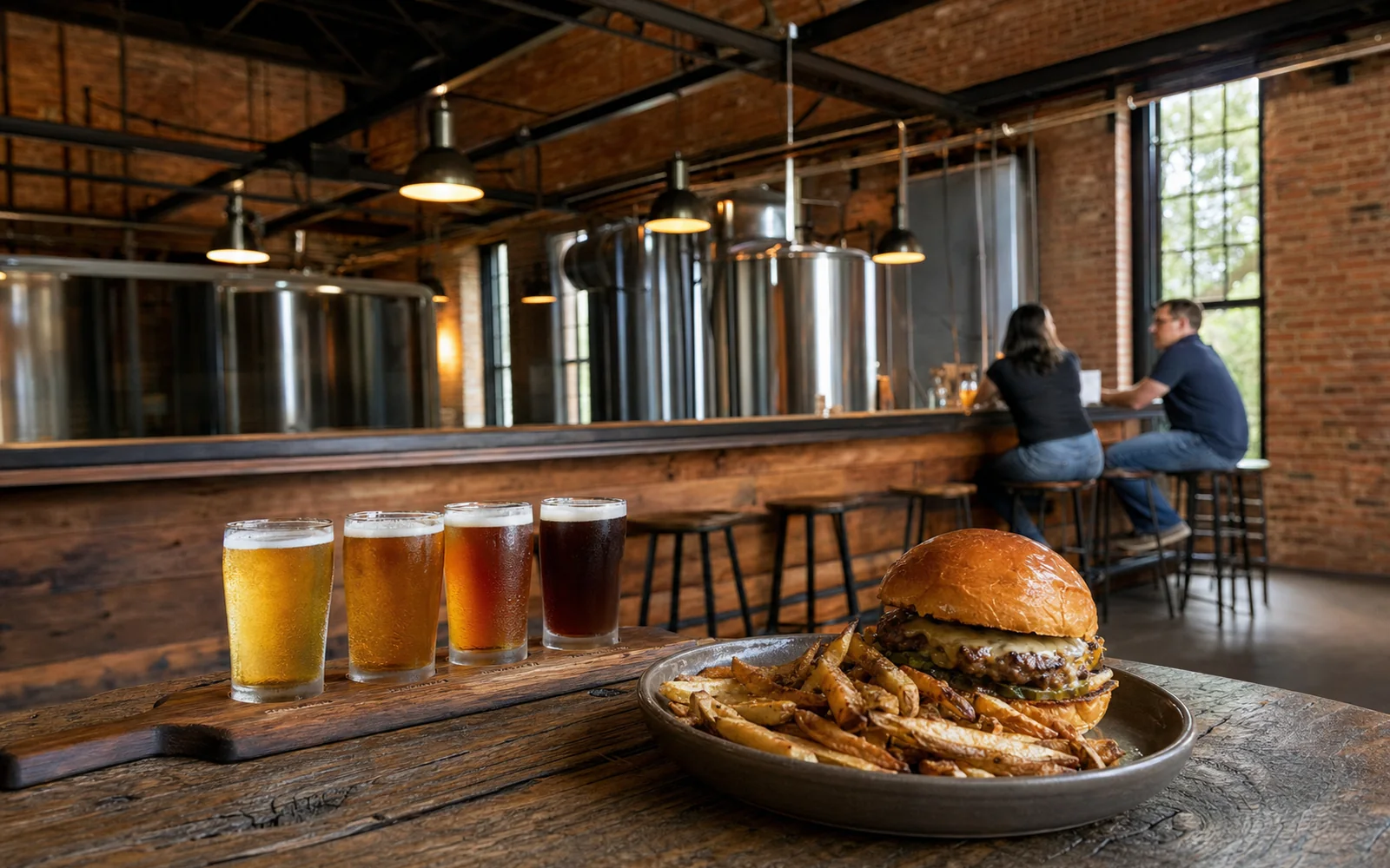 A flight of four craft beers on a wooden paddle beside a smash burger in a renovated brick brewpub, AI-generated illustration