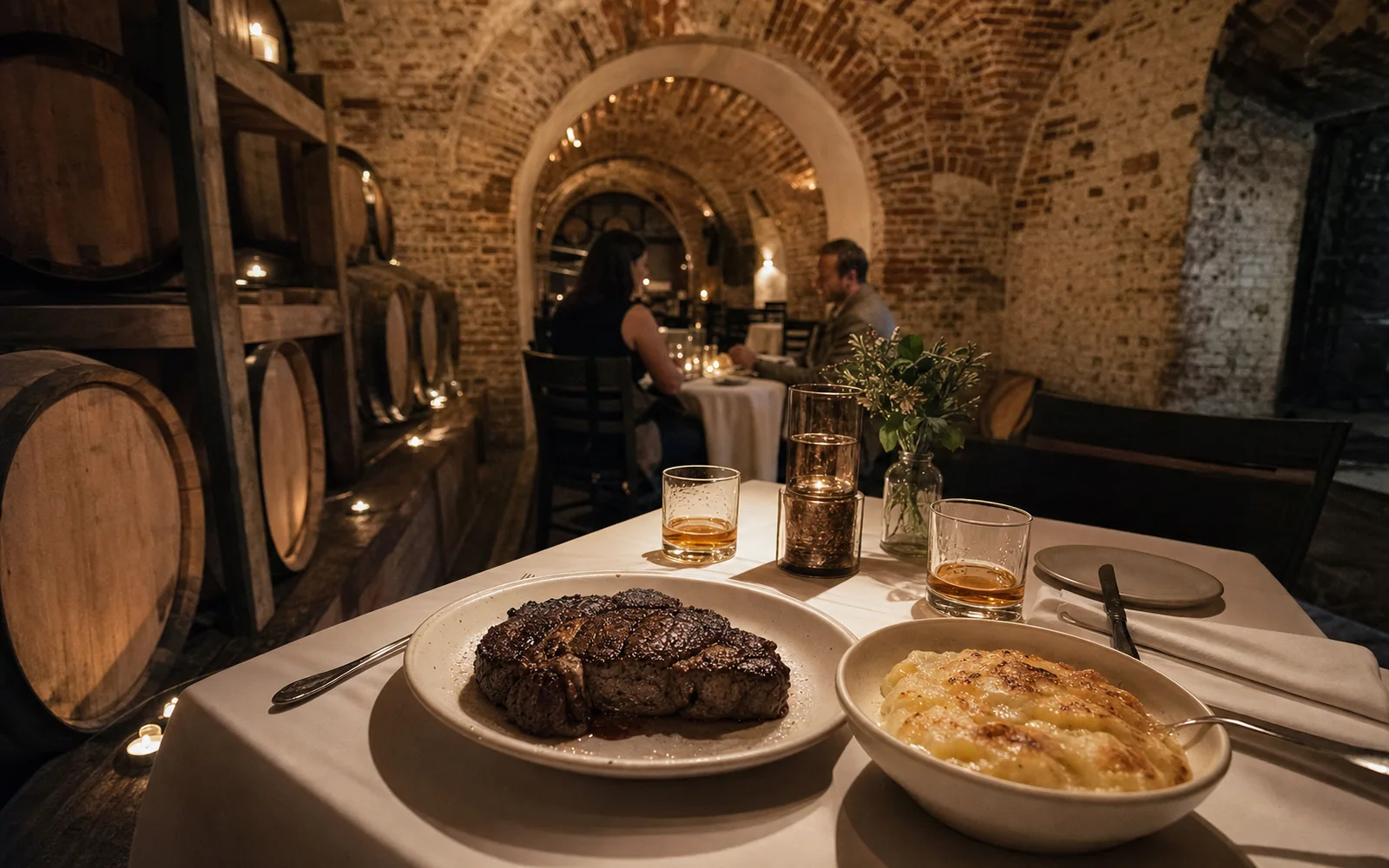 A candlelit table for two under old brick arches with bourbon barrels along the wall and a seared ribeye on a white plate, AI-generated illustration
